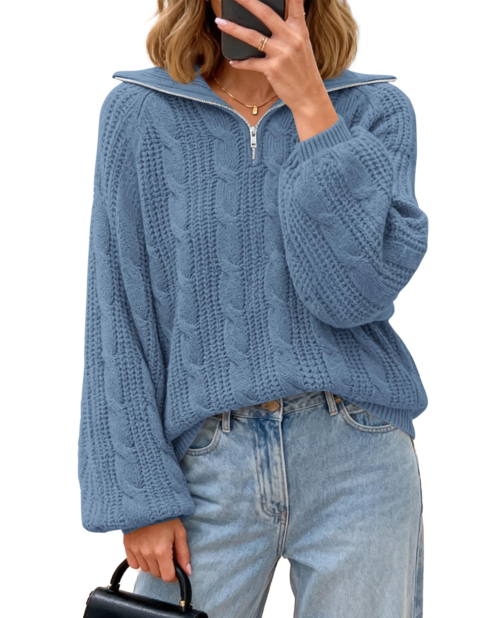 BTFBM Sweaters for Women Fall Fashion 2025 Loose Quarter Zip Pullover Collared Long Sleeve Cable Knit Winter Clothes