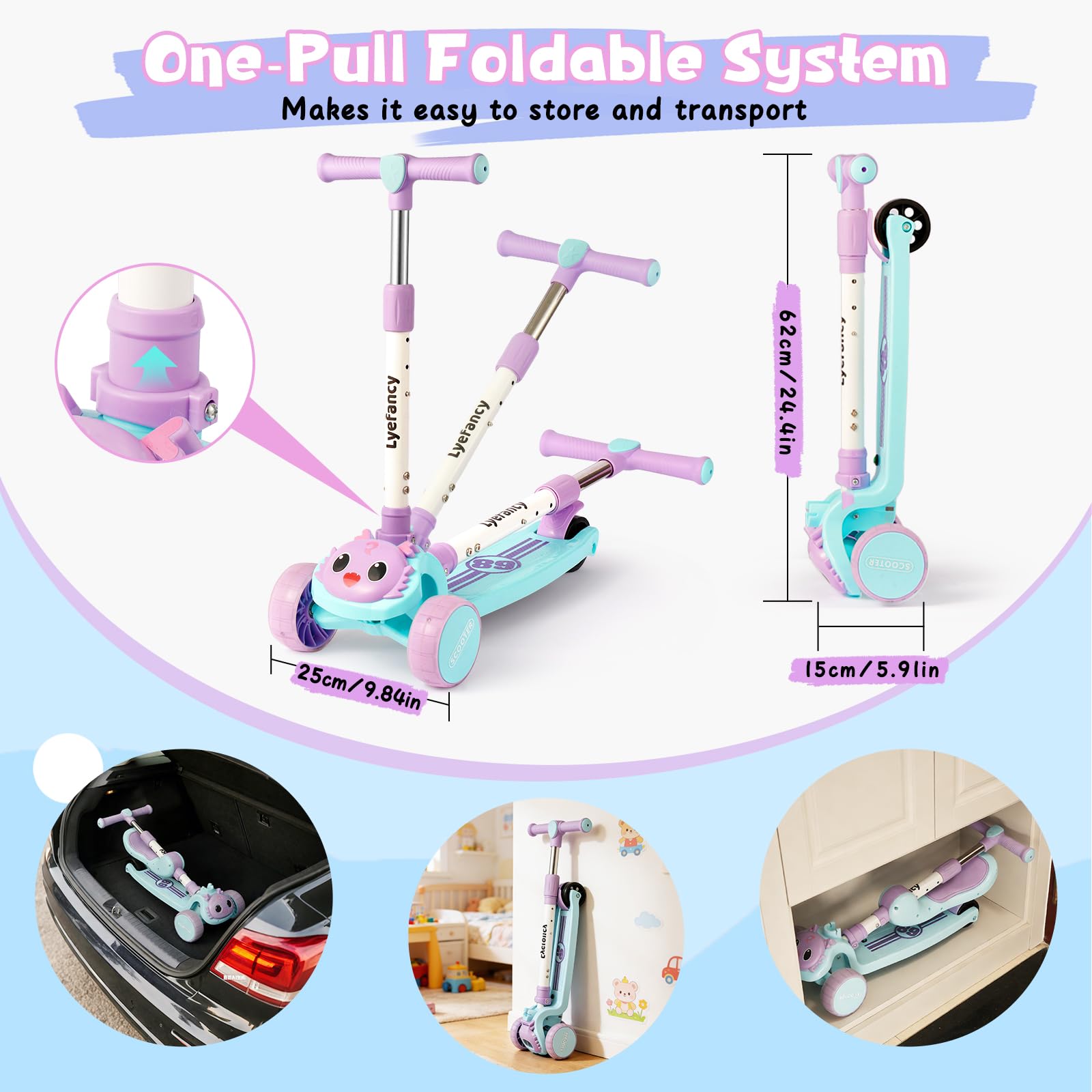 3-Rad-Roller für Kinder im Alter von 2–8 Jahren, 2-in-1-Kinderroller mit abnehmbarem Sitz, Klapproller mit Musik und leuchtenden Rädern, höhenverstellbar, durch Gewichtsverlagerung lenkbar