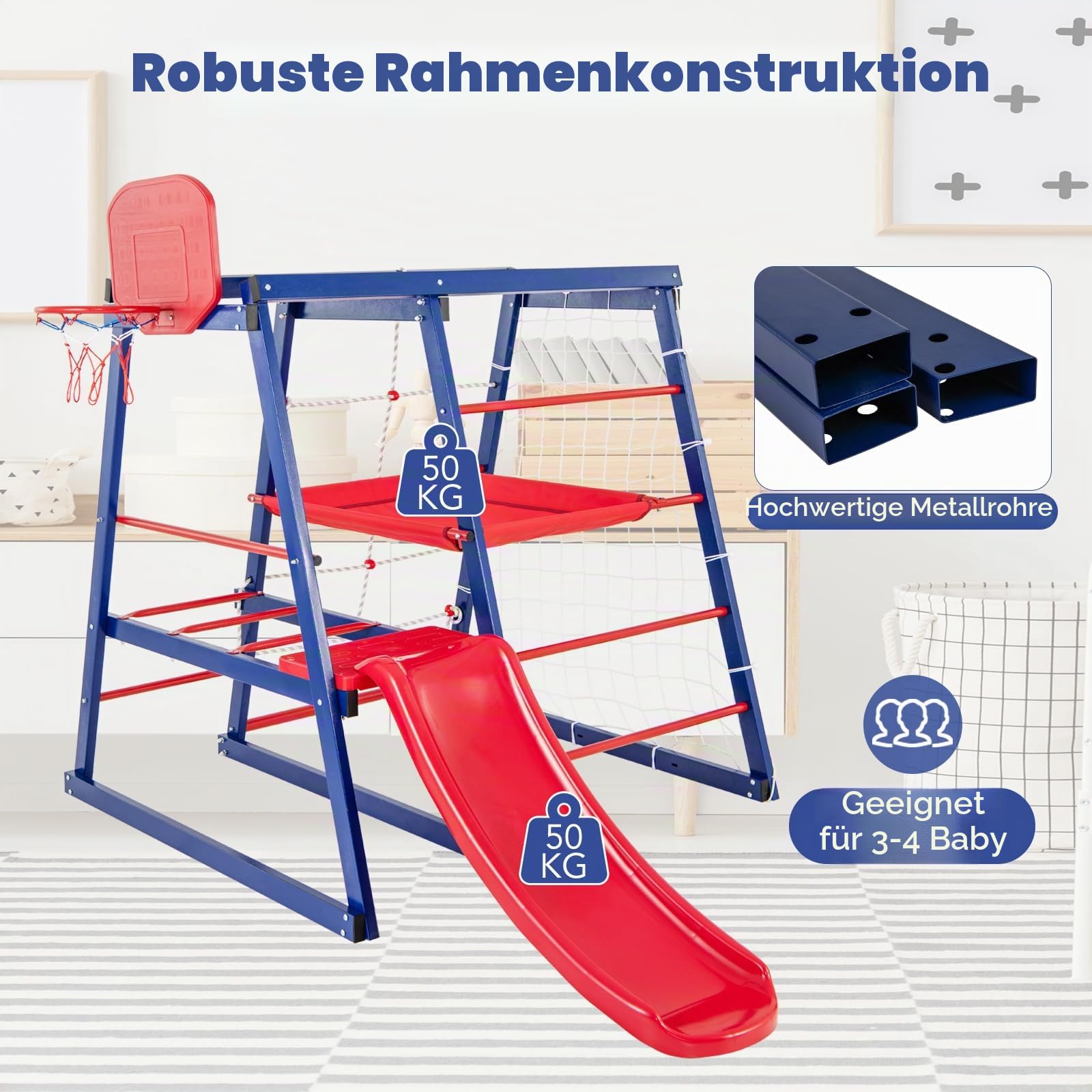 HOMASIS Spielplatz für den Außenbereich mit Rutsche, Kletterleitern, Seilleiter, Fußballnetz, Basketballkorb, Plattform aus Stoff, für Kinder von 3 bis 7 Jahren, 150 x 142 x 146 cm
