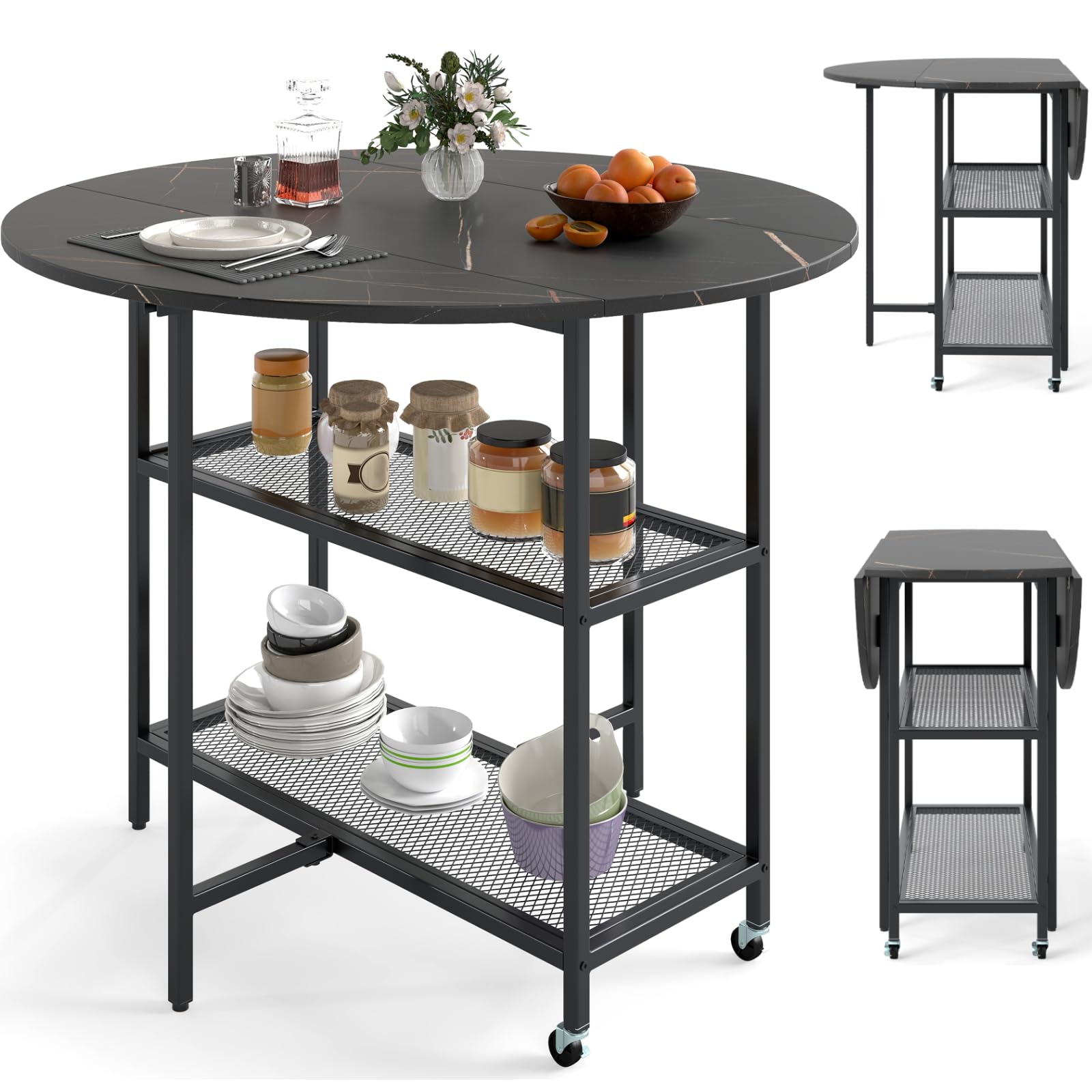 Table ronde pliante marbre noir pour petits espaces avec rangement et roues