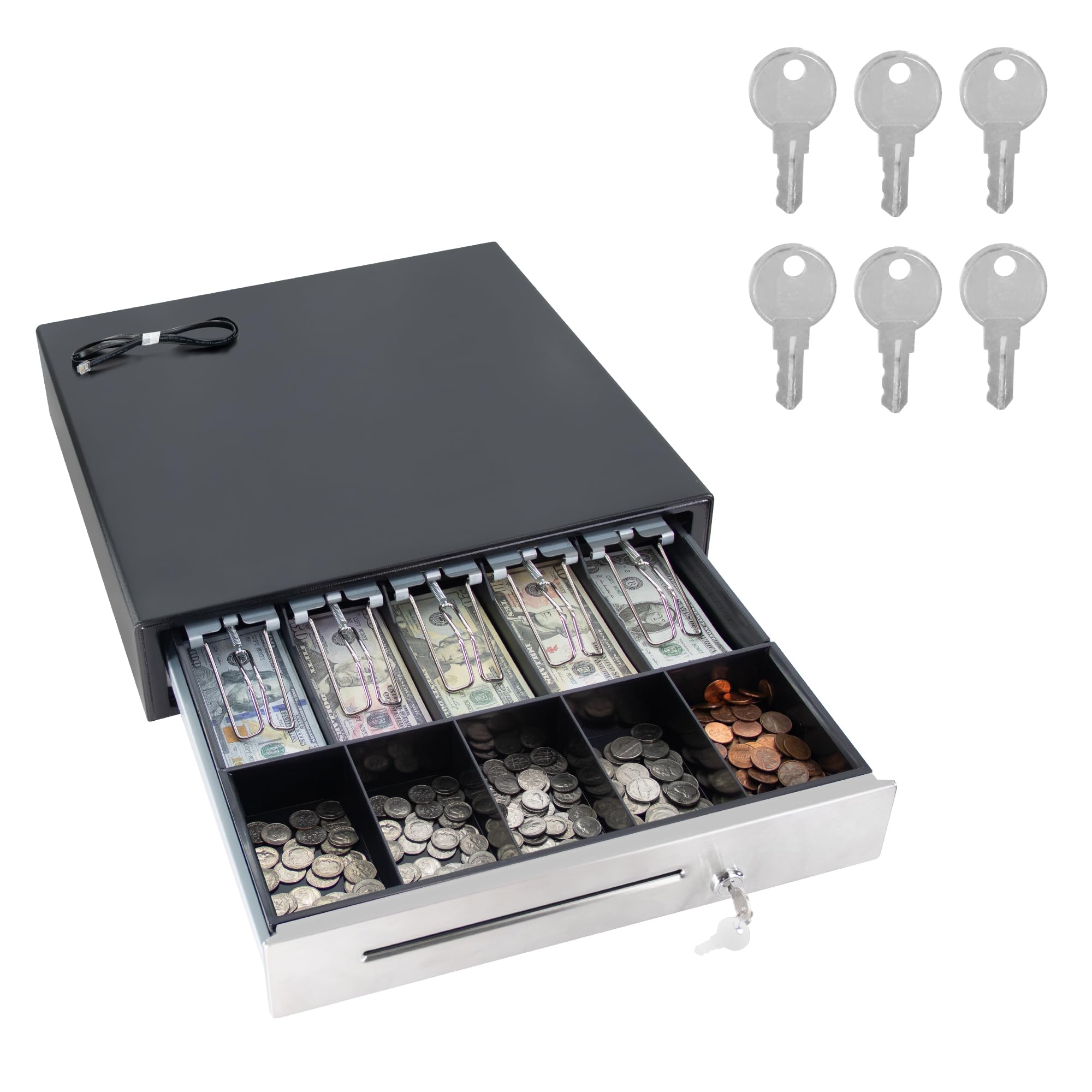 HK SYSTEMS 40,6 cm Kassenschublade für POS, ohne Logo, schwarz, DC 24 V/Mikroschalter, RJ12, 1 Schlitz, abnehmbare und verstellbare Geldkassette, 5 Geldscheine / 5 Münzen, Metalldraht-Greifer, 6