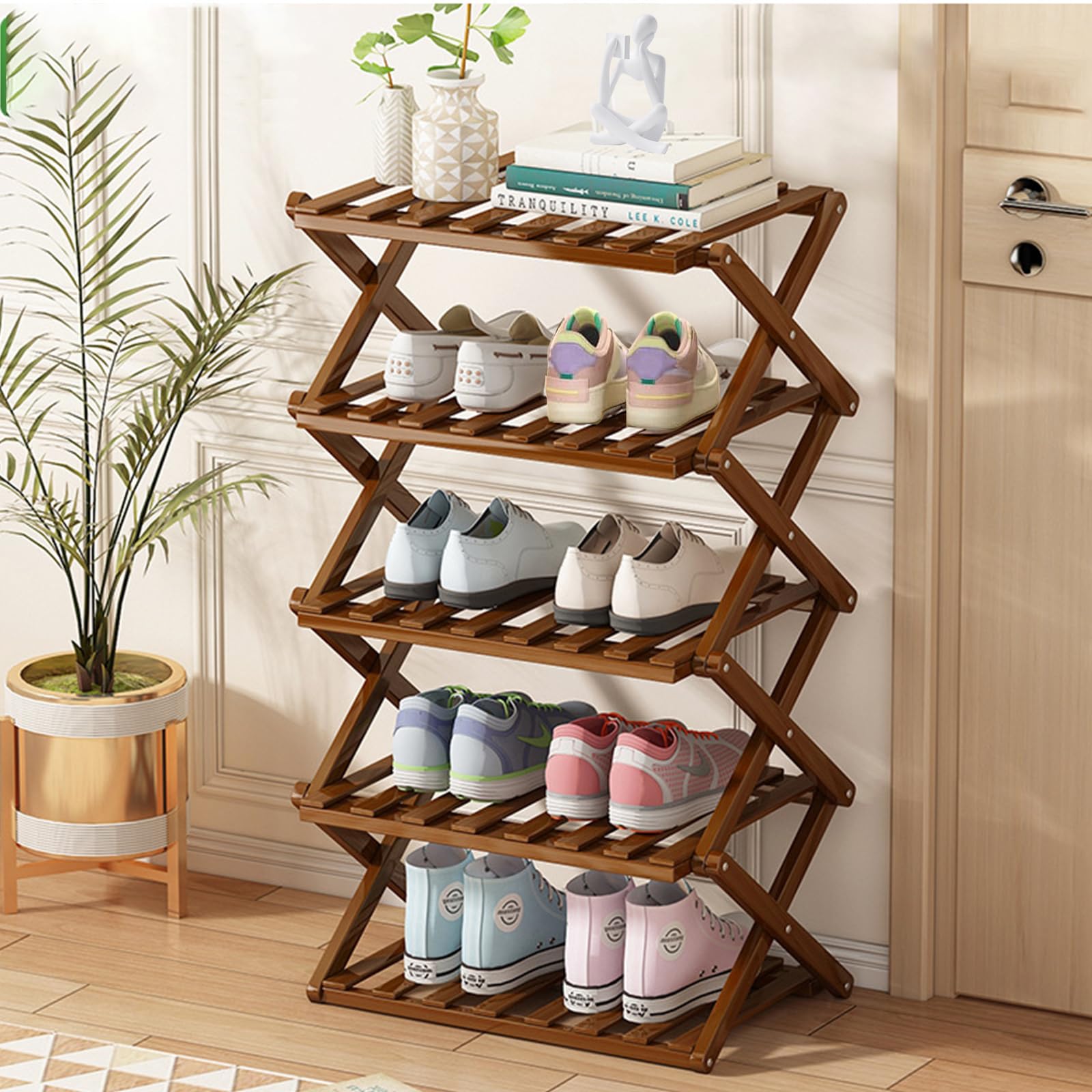Schuhregal mit 5 Ebenen, Faltbares Schuhschrank aus Bambus, Shoe Rack platzsparend Schuh-Organizer für 16-20 Paar Schuhe, Stapelbar, für Flur, Eingangsbereich, Wohnzimmer 50 x 25 x 90 cm