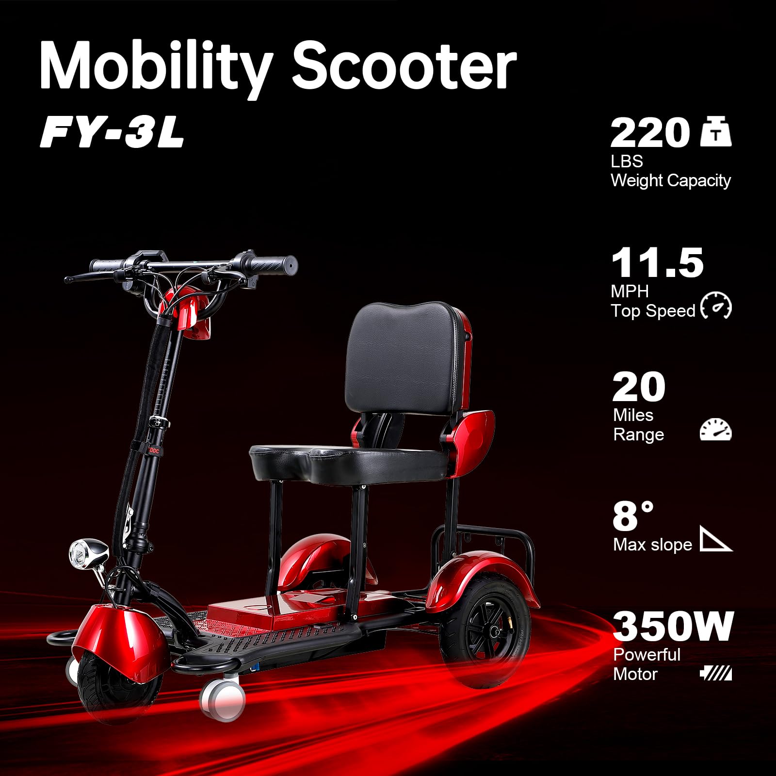 A 3-wheel motorized scooter suitable for The elderly, adult 350 watt 3-speed travel, long-distance electric battery powered scooter, medical mobility, weight capacity 220 pounds, adjustable seats