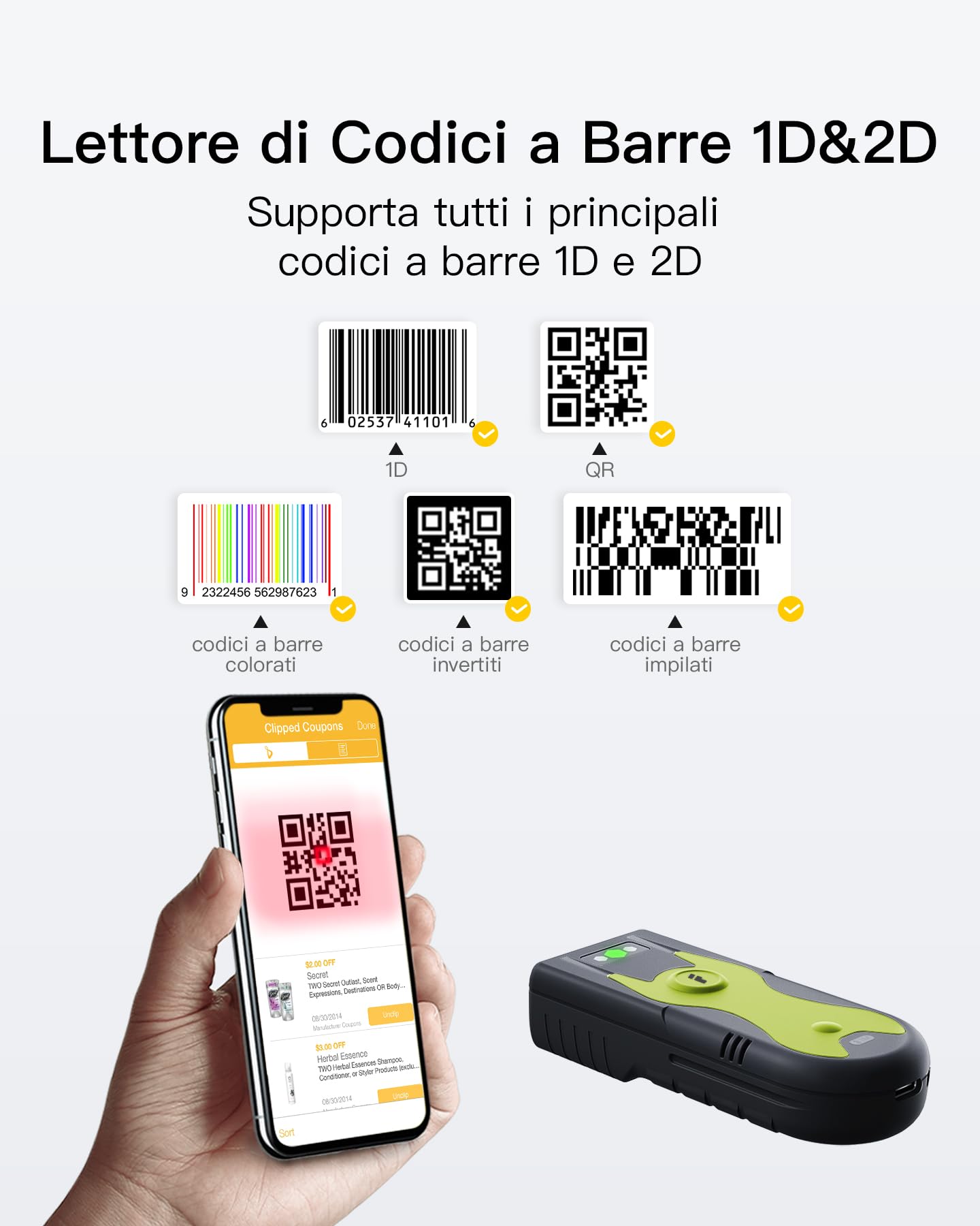 Inateck Lettore Codice a Barre Bluetooth 2D/1D, con Adattatore USB da 2,4 GHz, scansione dello Schermo, comandi di Scelta Rapida esclusivi, BCST-42
