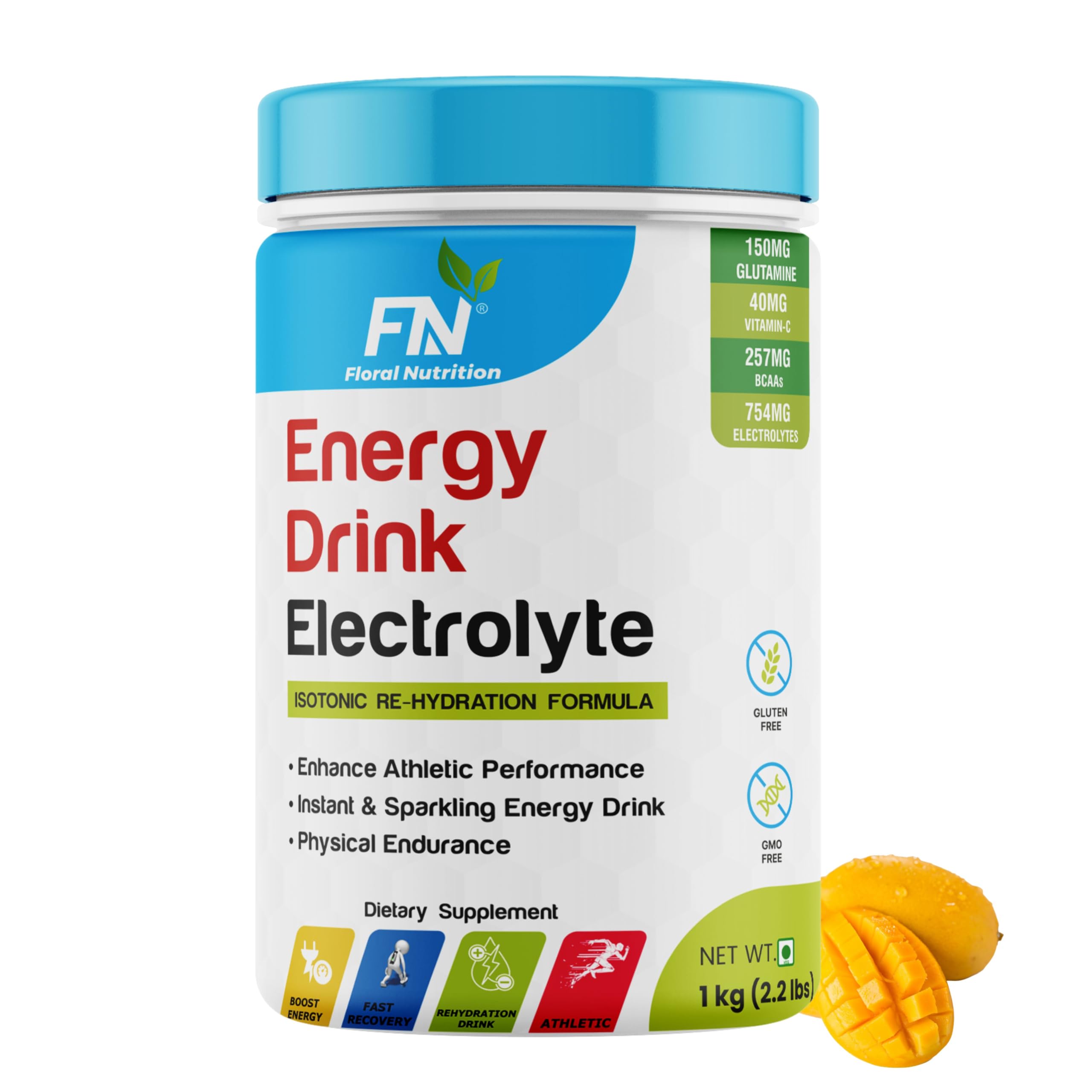 Floral Nutrition Isotonic Energy Nutritional Drink for Instant workout Energy with BCAA, Glutamine and Minerals (1 Kg, Mango Flavor)