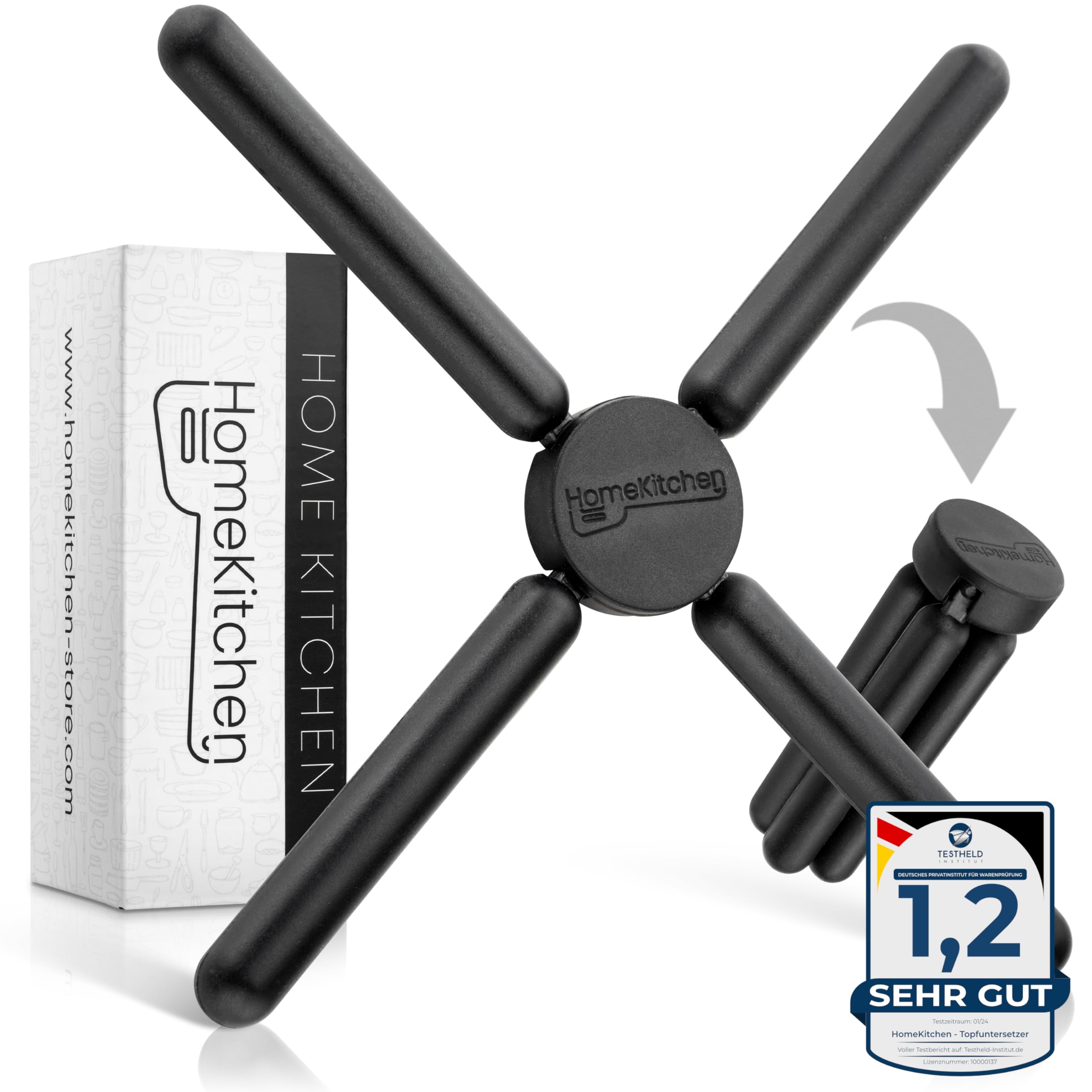 HomeKitchen® Topfuntersetzer hitzebeständig aus Silikon, Faltbarer Untersetzer für Töpfe und Pfannen, Silikon Untersetzer Topf klappbar in Schwarz + Leckere Gratis Rezepte Küche, Haushalt & Wohnen