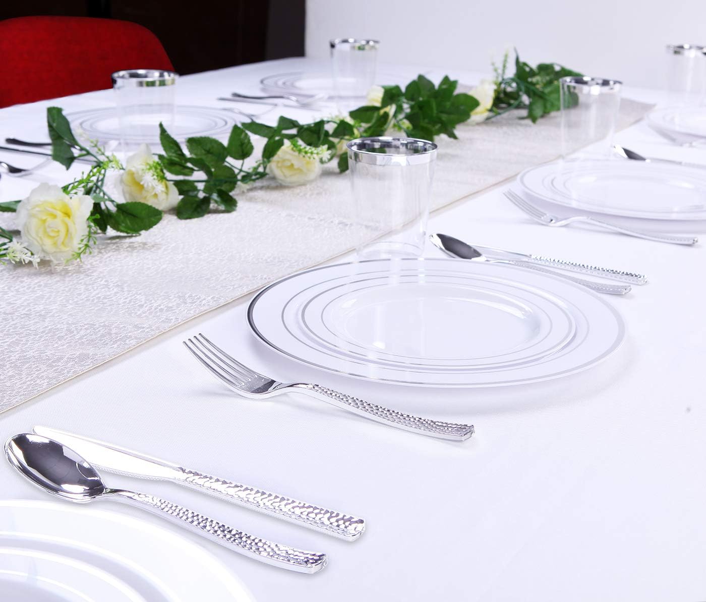 Supernal 360pcs Silver Plastic Cutlery,Elegant Plastic Silverware,Silver Hammed Silverware,Disposable Flatware,Include 120 Forks,120 Knvies,120 Spoons,Perfect for Birthday,Party,Wedding - Image 5