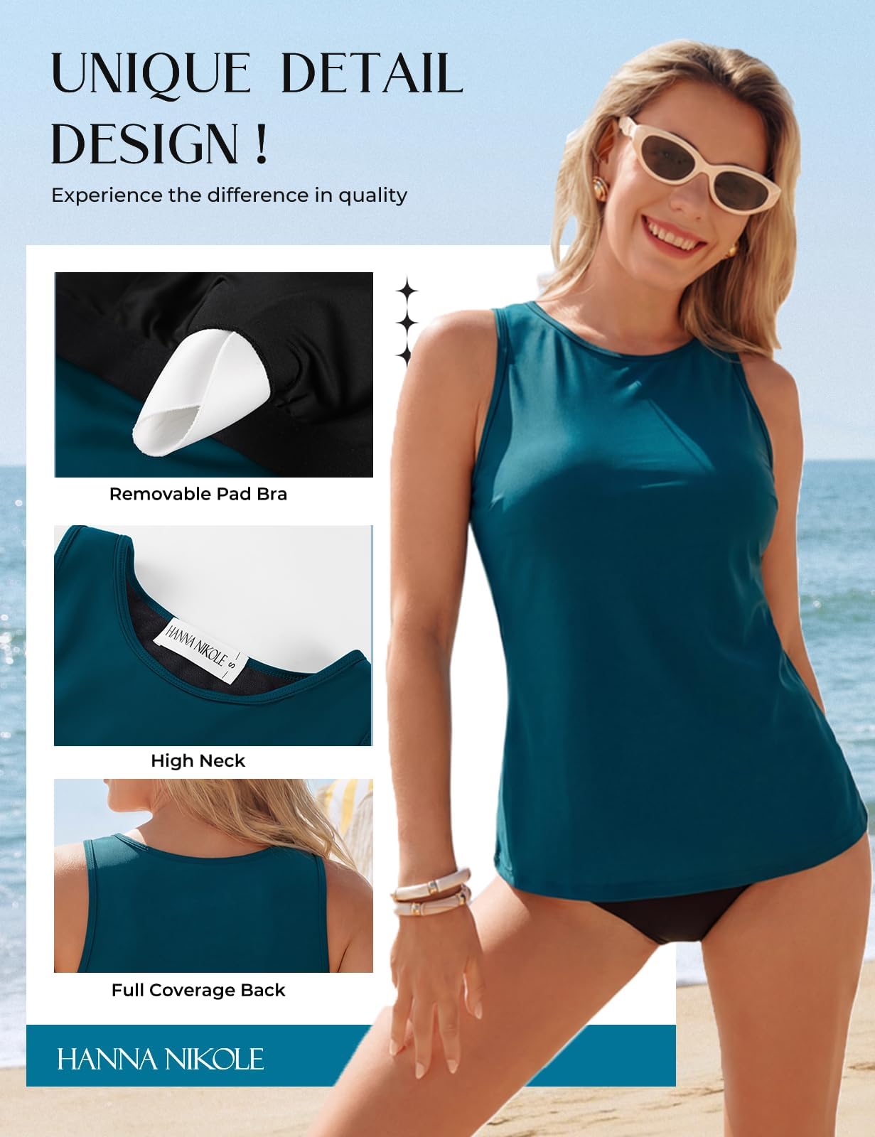 Hanna Nikole Haut tankini pour femme - Maillot de bain ventre plat - Débardeur modeste sans bas - Haut de bain de sport pour femme
