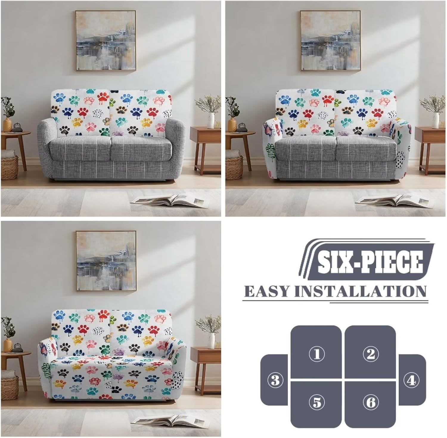 Suobstales Colorful Dog Paw Paint Splatter Print Reclining Loveseat Slipcover, 6-Piece Velvet Stretch Loveseat Reclining Sofa Covers, 2 Seat Recliner Couch Washable Love Seat Slipcovers
