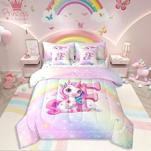 Rainbow Unicorn 7 Pieces Bedding Sets Twin,Purple Unicorn Kids Bed In A Bag for 