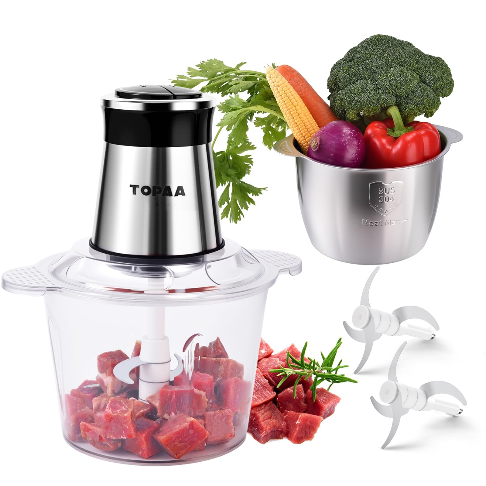 TOPAA Food Processors 2-Speed Electric Meat Grinder For Home Use Vegetable Chopper - 2 Bowls (12 Cup+12 Cup) with Powerful 300W Copper Motor - Includes 2 Sets of Bi-Level Blades for Fruits/Meat/Nuts