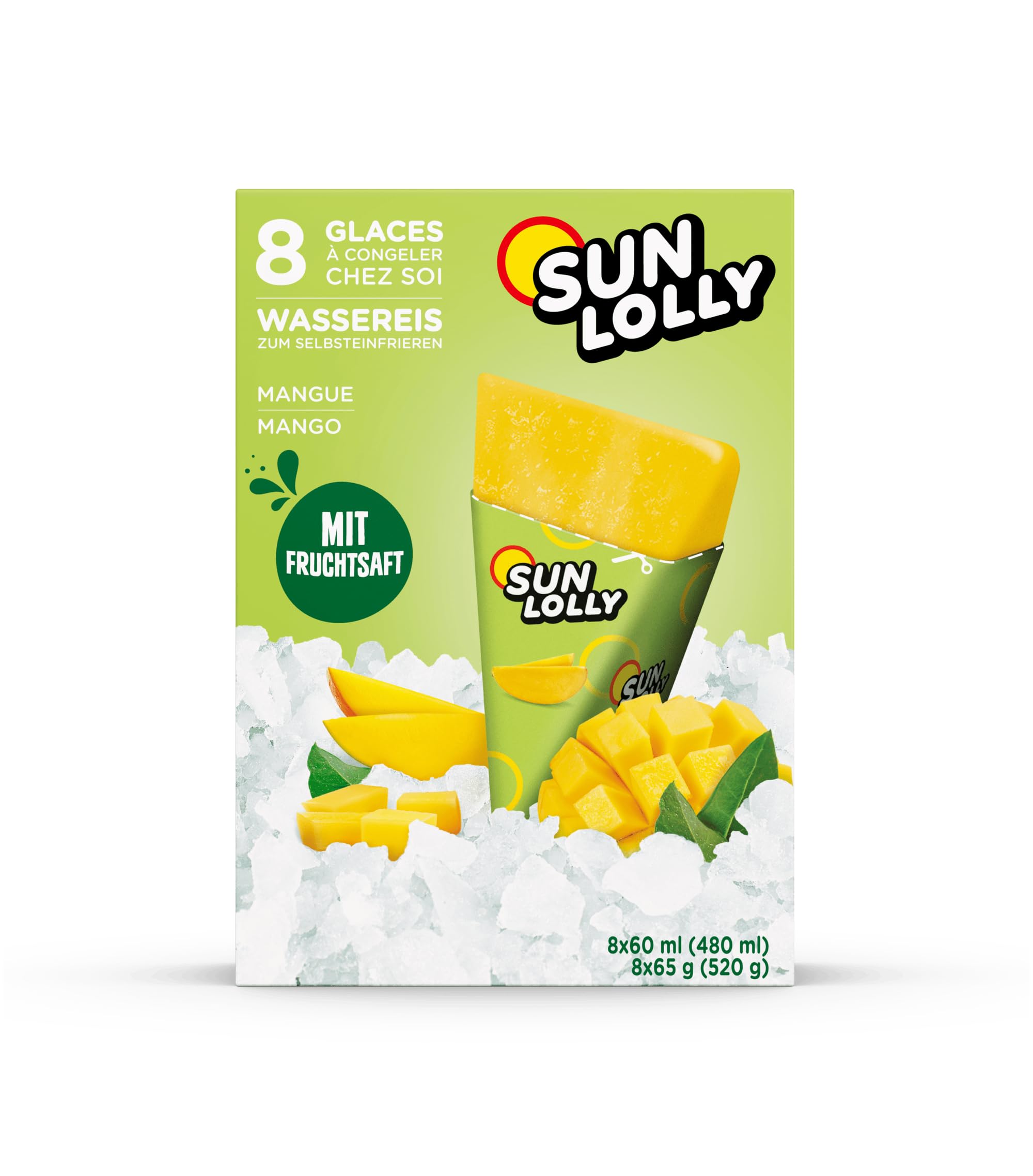 Sun Lolly Wassereis Mango 8 Stk | Mit Fruchtsaft | Zum Selbsteinfrieren | Ohne künstliche Aromen | Frei von Süßungsmittel | Laktosefrei | Glutenfrei | 8 x 60ml