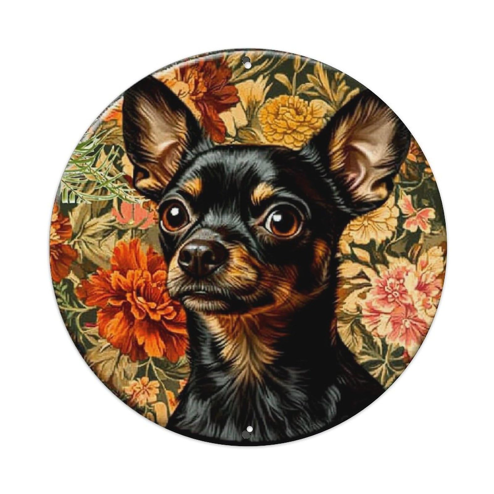 Floral Background Dog Portrait Art Retro Metal Sign Round Tin Sign, Vintage Decor Art Poster for Bar, Home, Man Cave, Kitchen, Laundry Room Gift 8x8Inch