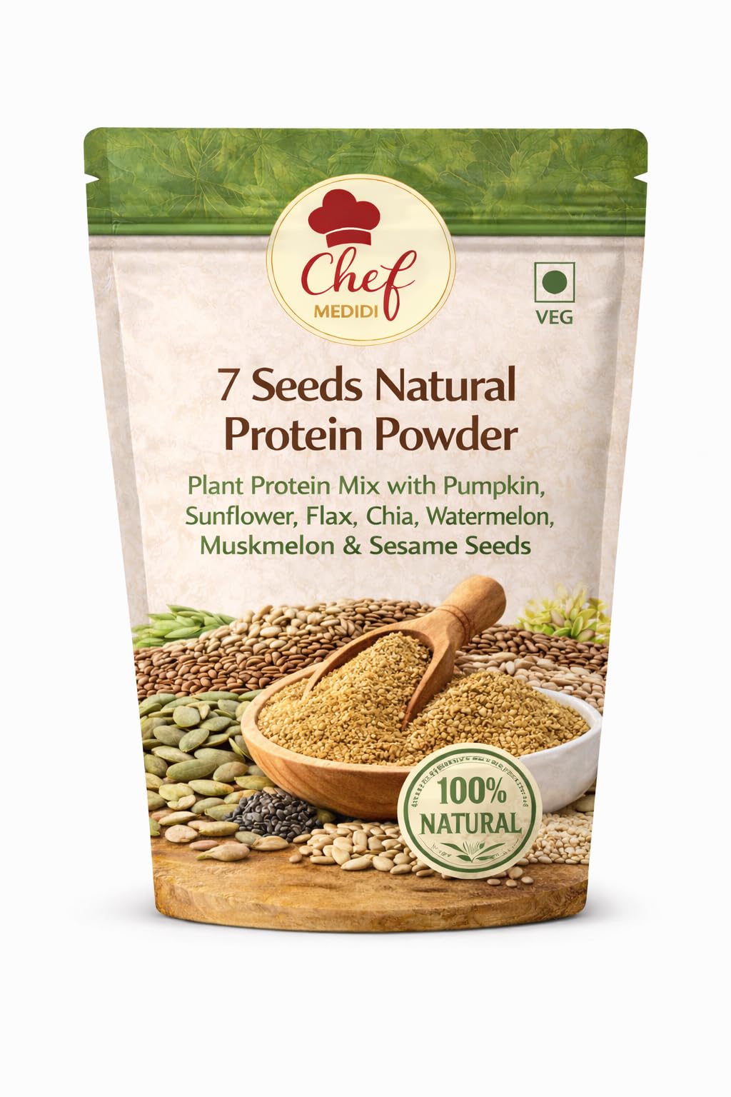 Chef Medidi 7 Seeds Natural Protein Powder – Plant Protein Mix with Pumpkin, Sunflower, Flax, Chia, Watermelon, Muskmelon & Sesame Seeds | Healthy Nutrition Powder (100 Grams)-image-35
