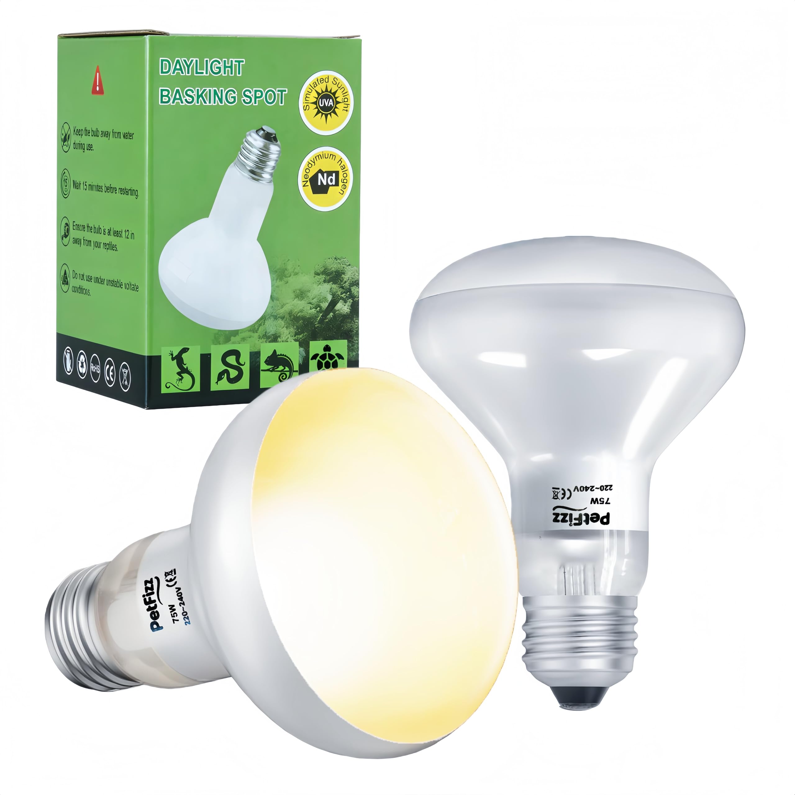 PetFizz Reptile Heat Lamp Bulb 75W-2Pack, Daylight Basking Spot Lamp Bulb, E27 Vivarium Tortoise Light for Reptile, Bearded Dragon, Lizard, Snake