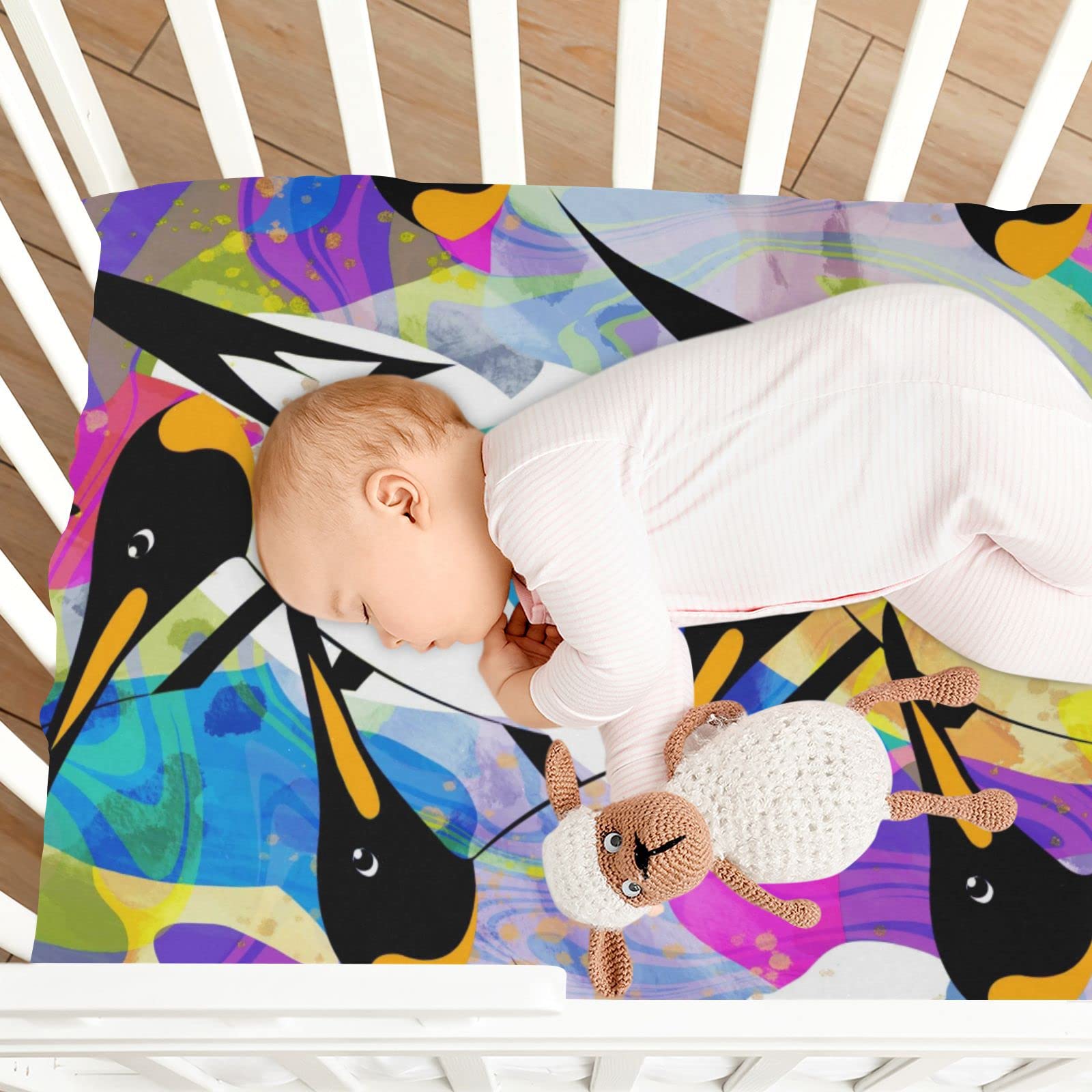 Spannbettlaken für Kinderbett, buntes Pinguin-Muster, weich, atmungsaktiv, pflegeleicht, Spannbetttuch für Babybett und Kinderbetten