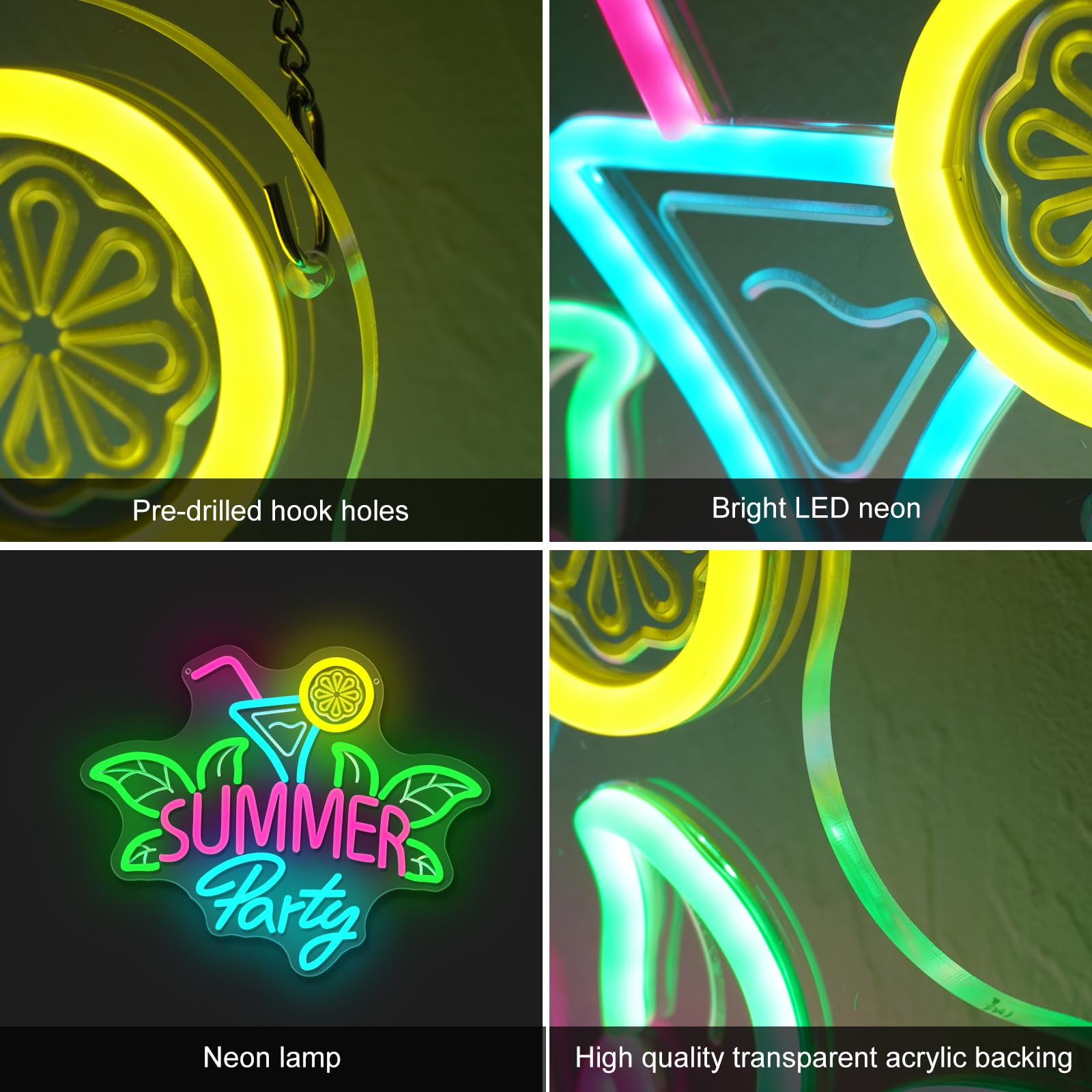 Sommerparty Neon Schild für Wanddeko, Martiniglas mit Strohhalm, Zitronenscheibe und Tropische Blätter LED Leuchtreklame für Cocktailbars,Poolpartys, Sommerfeste, Strandurlaube(Sommerparty)