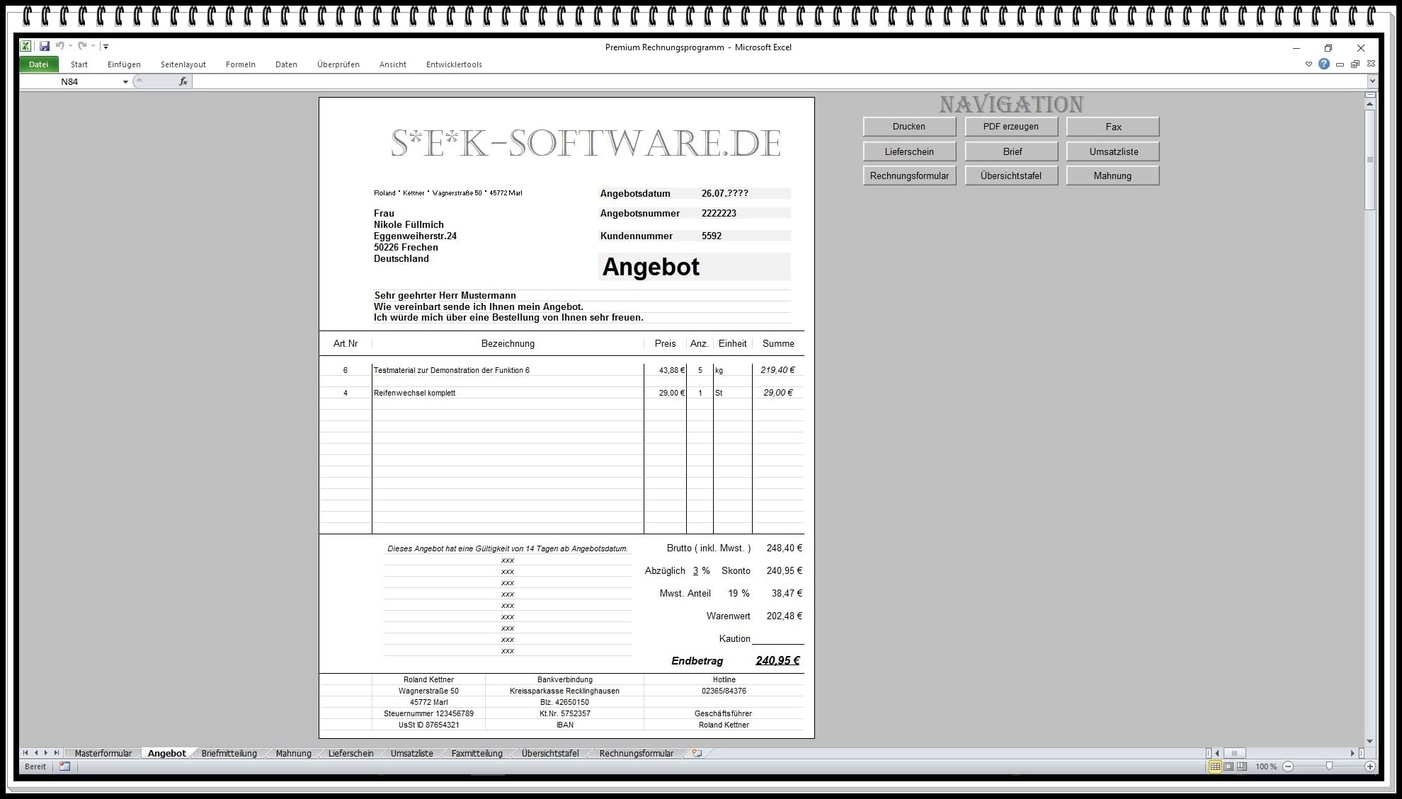 Excel Rechnungsprogramm Kundenverwaltungssoftware mit Rechnung, Angebot & Lieferschein – CRM System mit PDF & E-Mail Funktion | Ohne Abo