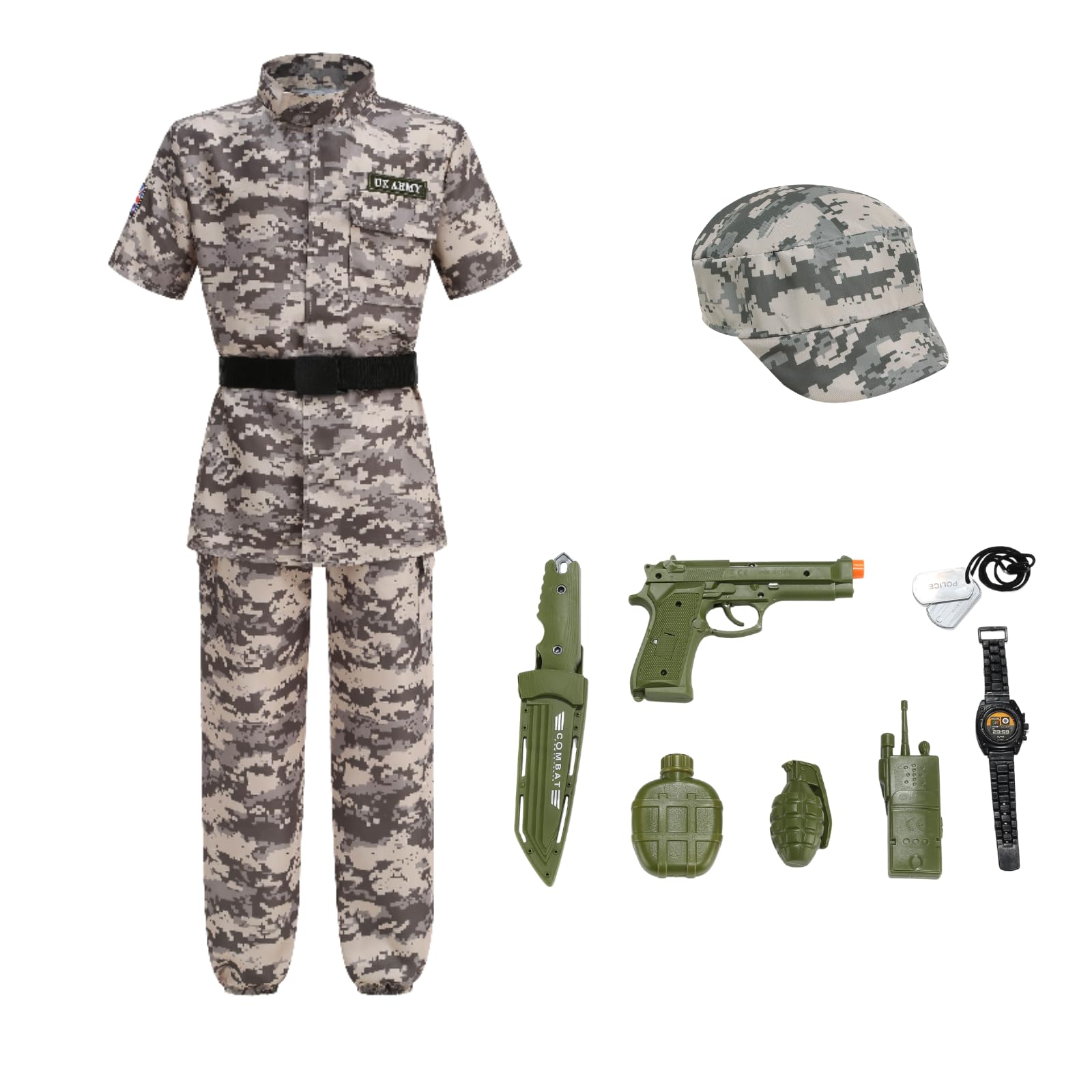 DELIVESS Kids Army Costume Short sleeve Halloween Party Military Soldier Dress up Boys Costume 11 PCS (Grey Green, 6-8Y)