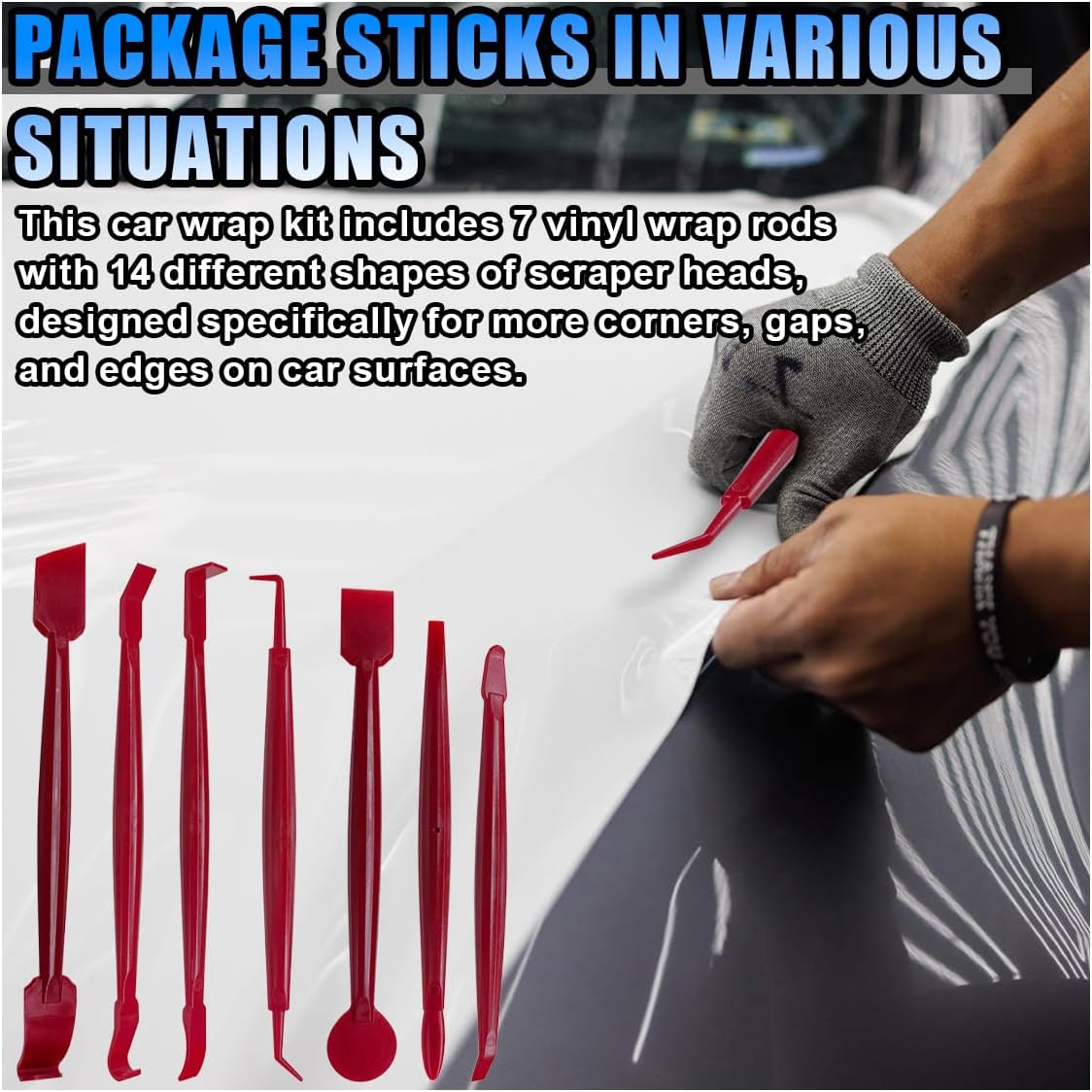 7PCS Car Window Film Tint Tool Kit, Micro Auto Wrap Edge Trimming Stick, Flexible Vinyl Wrapping Tool Kit, Wrap Squeegee Installing Tool for Car Graphics & Stickers (Red)
