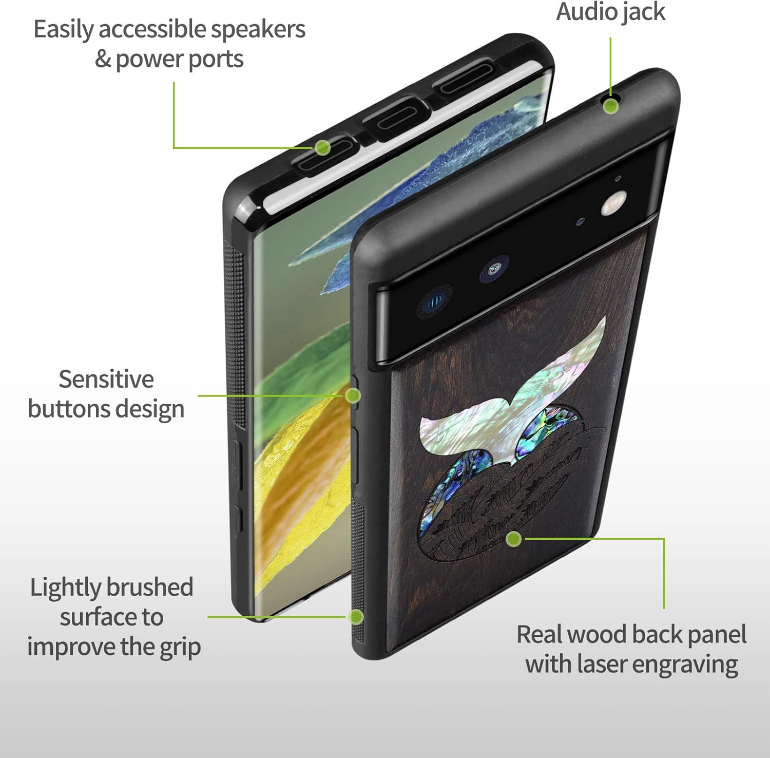 Carveit Designer Wooden Case for Google Pixel 6 Case Protective Cover [Wood Engraving & Shell Inlay] Unique Wood Phone Case Compatible with Wireless Chargers Pixel 6 (Whale Tail-Blackwood)