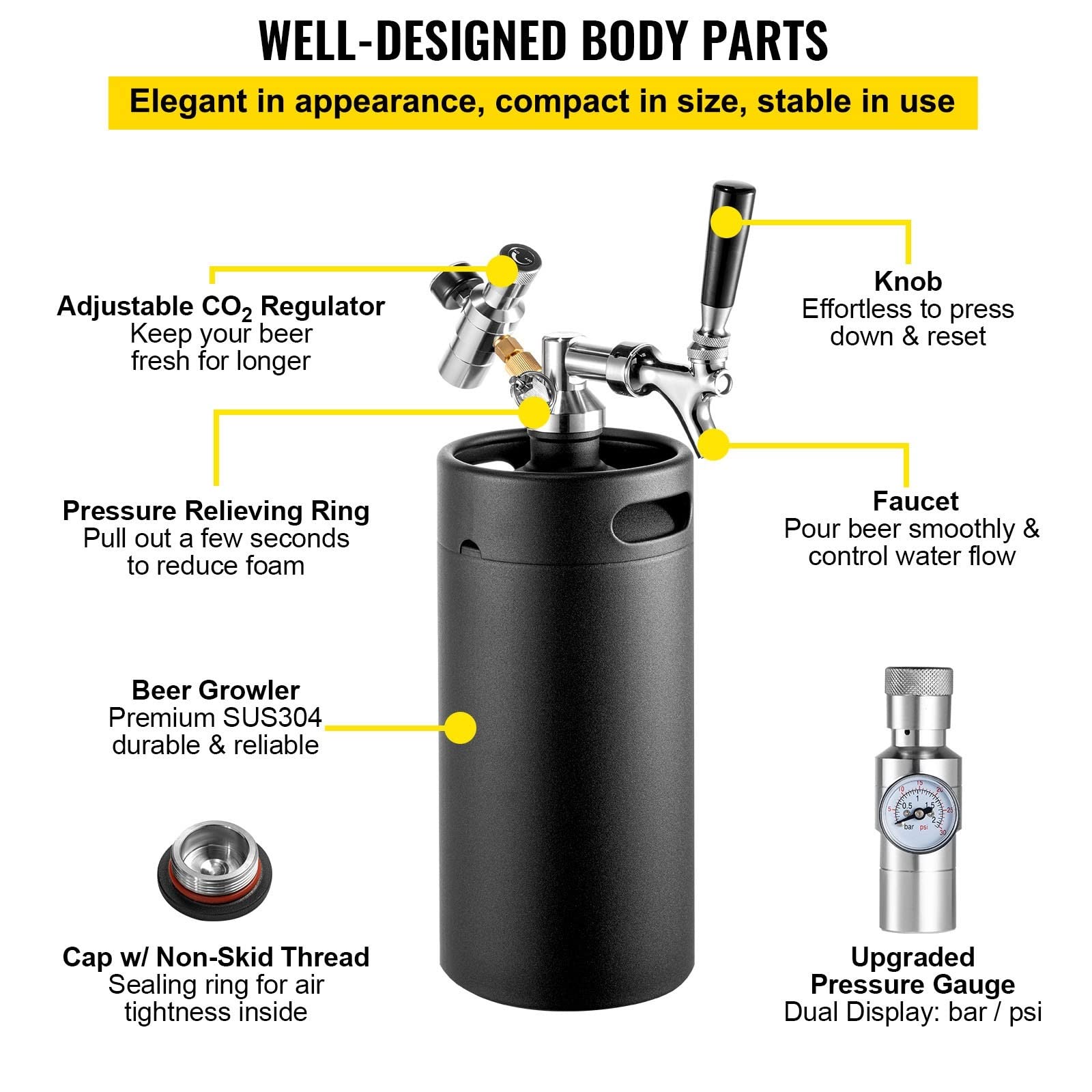 Distributeur de bière Pression réglable en Acier Inoxydable, Mini-grogneur de 3,6/4/5/8 L, équipement de Brassage à Domicile (3,6 L, Rouge)