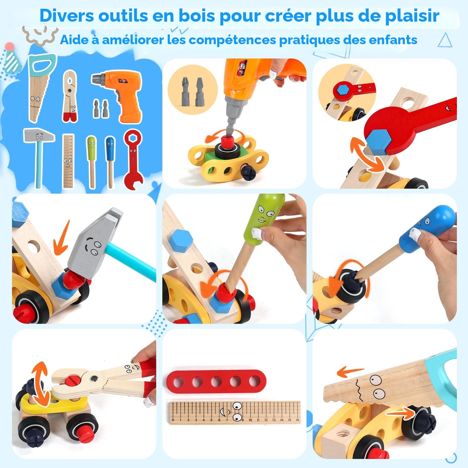 Jouet Enfant 3 Ans - Boite a Outils Enfant Montessori Jeux Enfants 3 Ans avec Perceuse Tablier, 45 Pièces Jouet en Bois Bricolage Jeu de Construction Educatif Cadeau Enfants 3 4 5 Ans Garçon Fille