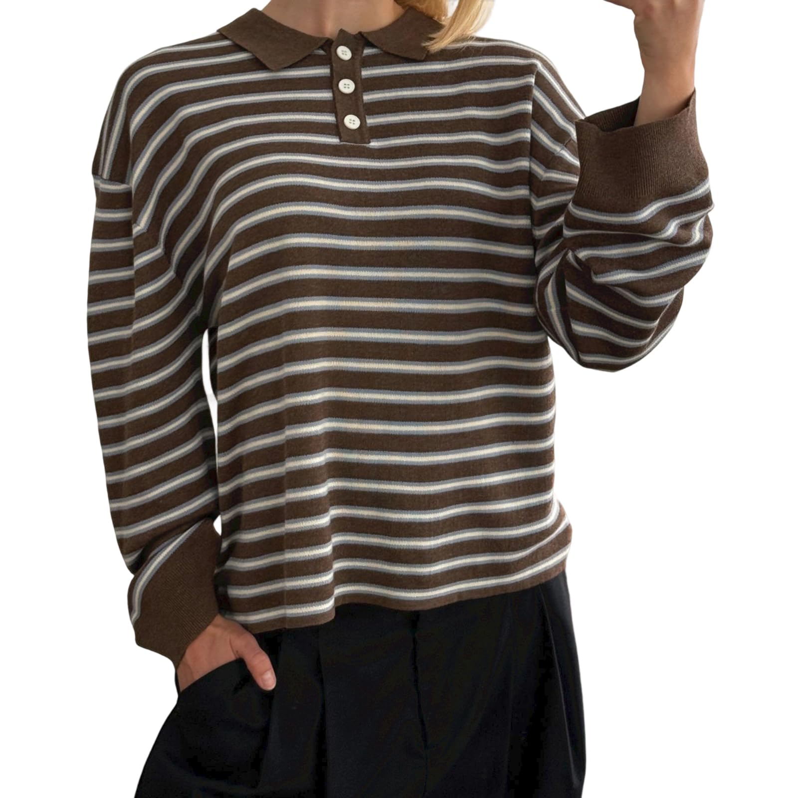 Women Oversized Striped Sweatshirt Collared Long Sleeve Knit Sweater Y2k Color Block Pullover Top Fall Clothes