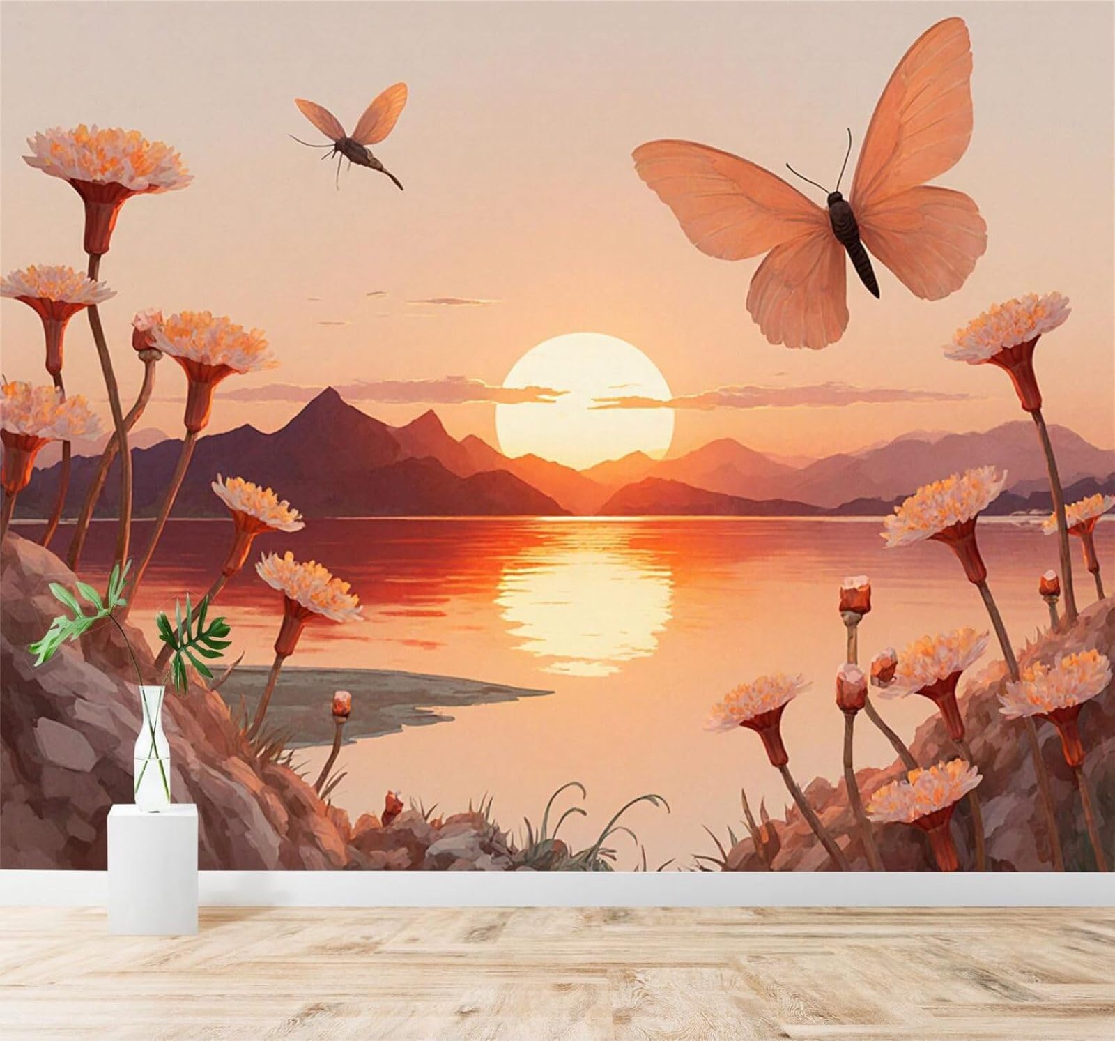 XLMING 3D Papel Pintado Lago Montañas Puesta De Sol Flores Mariposas