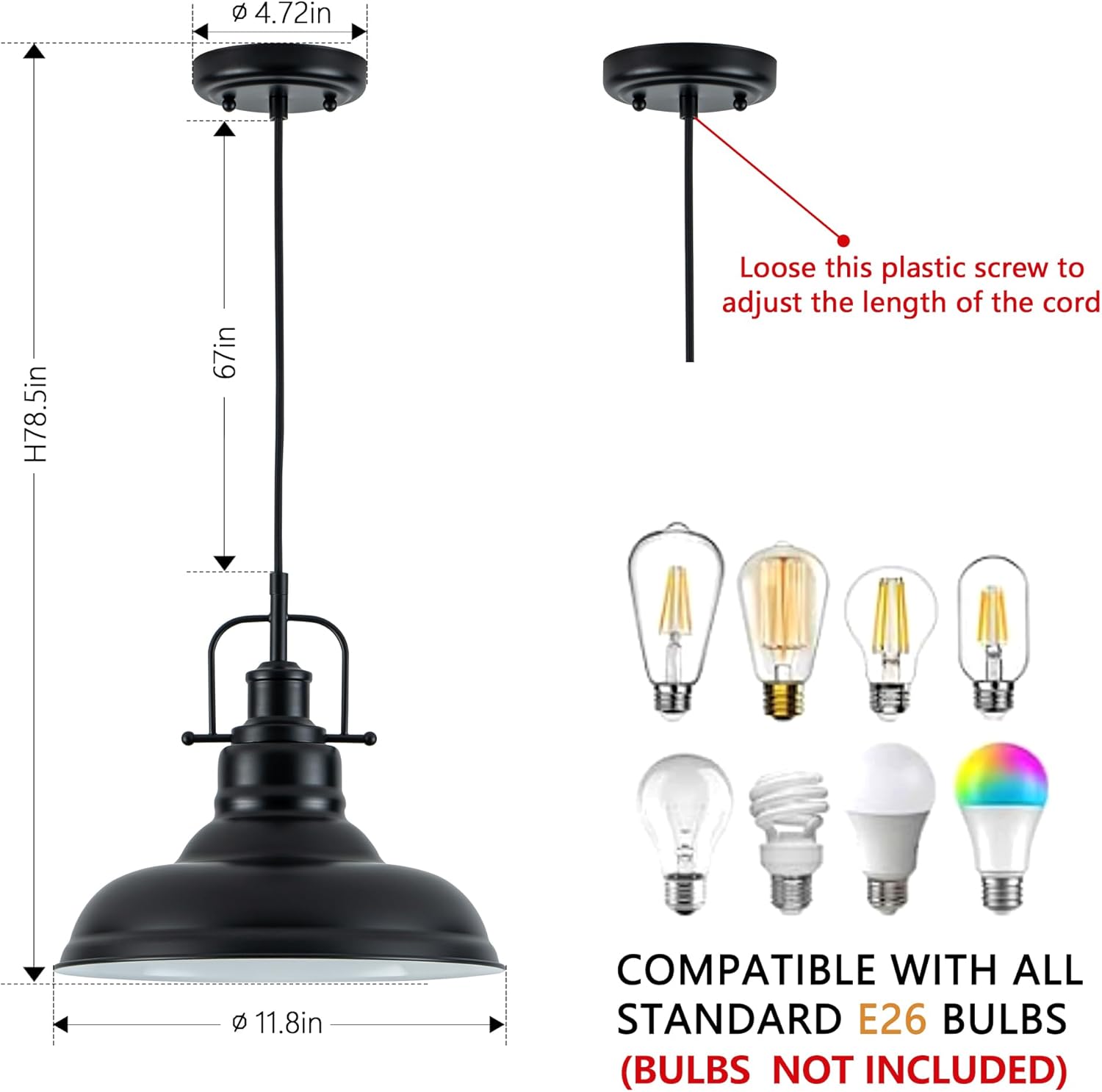 Famrhouse Pendant Light, Black Pendant Light Fixture with Metal Dome Shade, Adjustable Height Hanging Light for Kitchen Island, Living Room, Bedroom