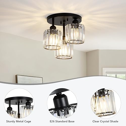 Miniatura 3 de Lámpara de techo semiempotrada de cristal, 3 luces, modernas, cerca del techo, lámparas de cocina negras con pantalla de cristal transparente,