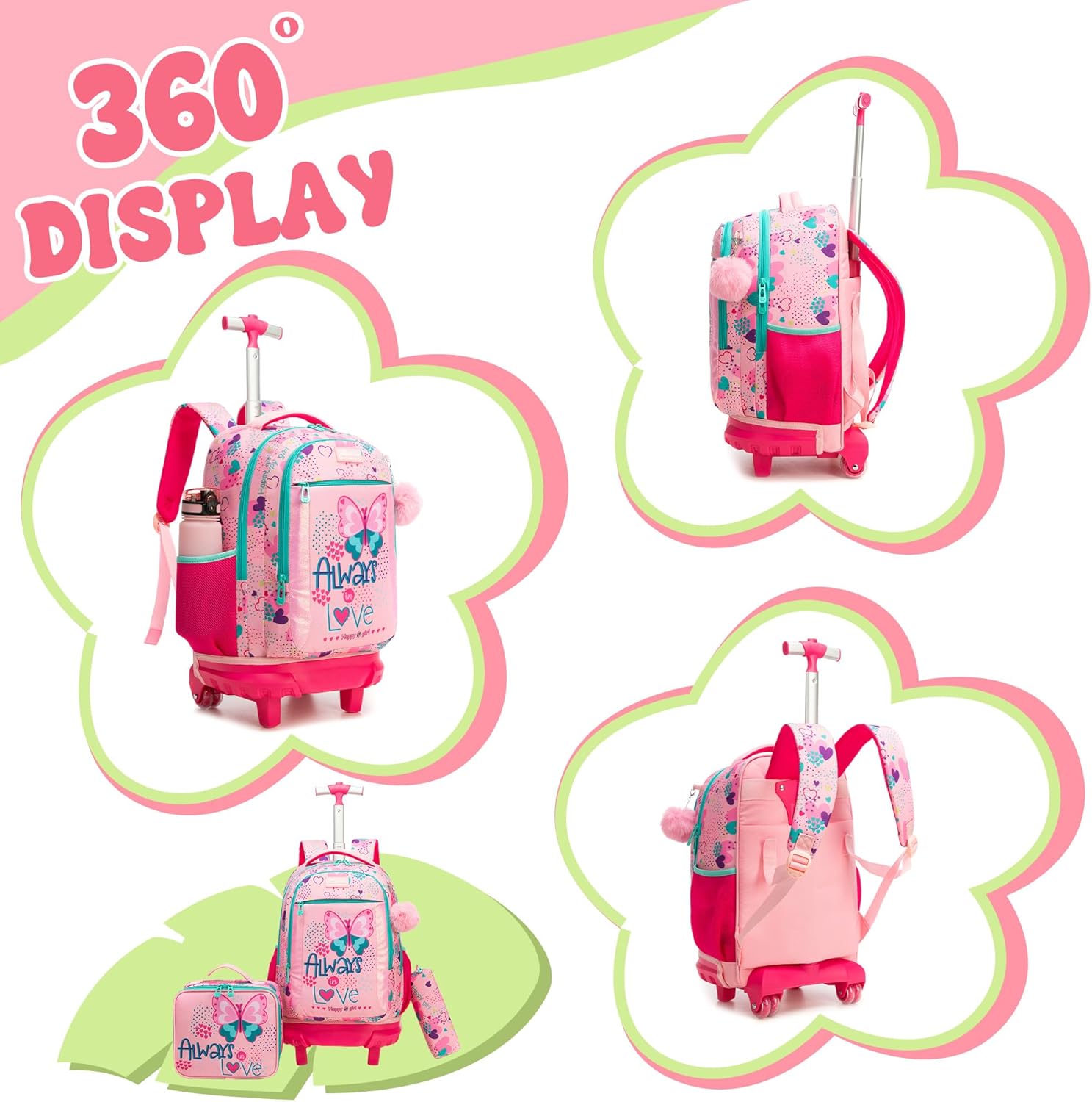 Rolling Backpack for School Backpack with Wheels for Girls with Lunch Bag Cute Carry On Backpacks for Elementary Student
