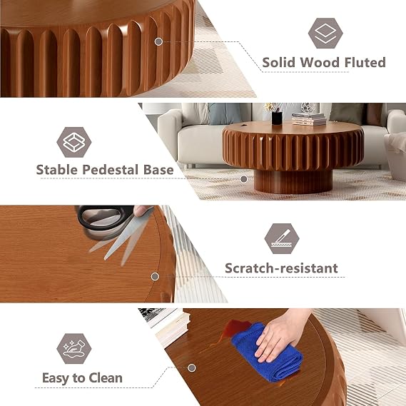 Wooden Round Coffee Table with Storage, Walnut 31.5'' | Modern Luxury Circle Drum Center Tables with Solid Wood Fluted, Accent Round Coffee Table for Living Room Apartment