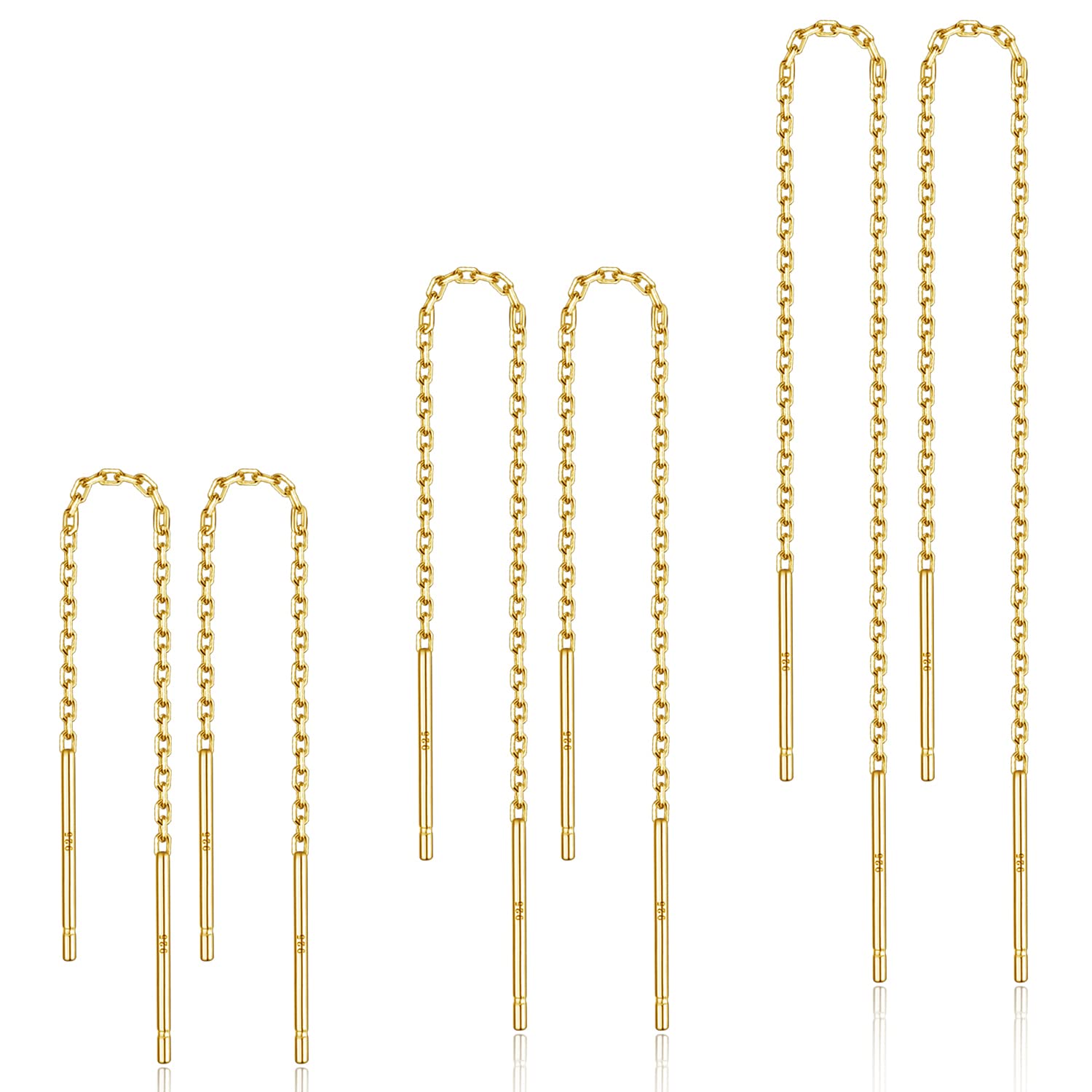 3 Pairs Threader Earrings 925 Sterling Silver Long Chain Earrings Bar/Ball Wrap Threader Drop Earrings for Women Lightweight Minimalist Mother's Day Jewelry Set