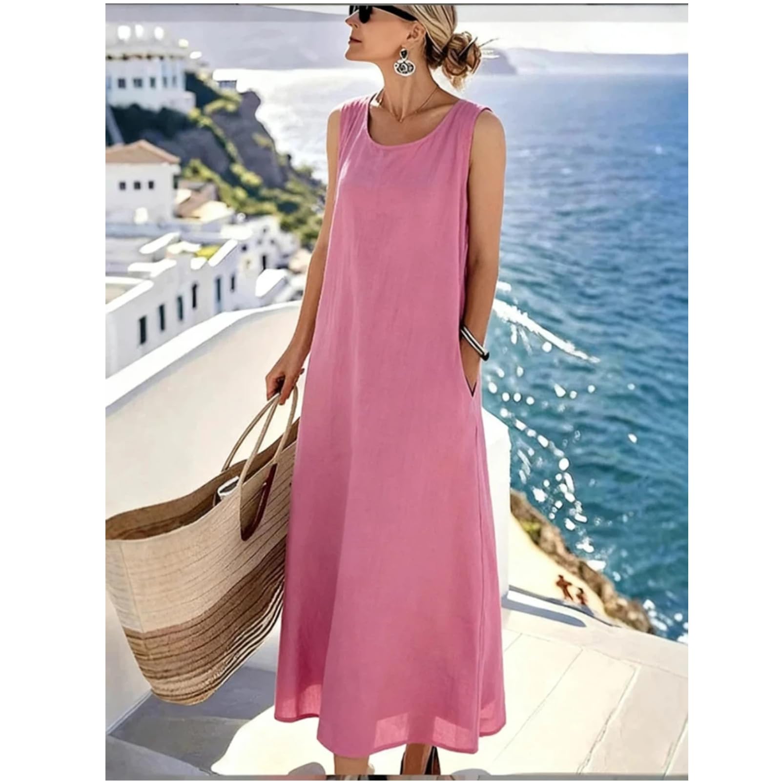 Vestido de Moda Suelto de Escote Redondo de Largo Medio cómodo para el día sin Mangas para el Verano
