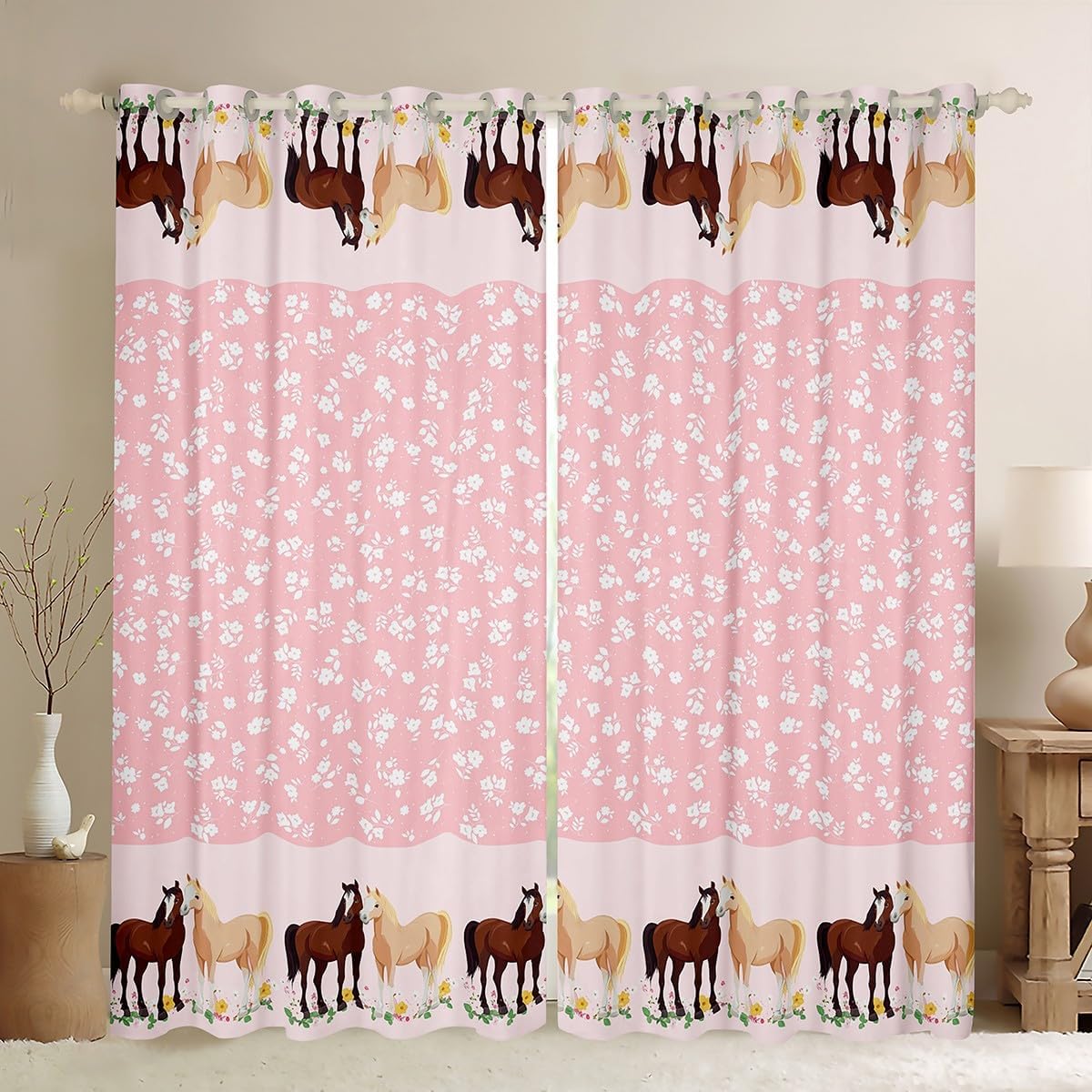 jejeloiu Kids Horse Curtain (2 Panels, 38 x 45 Inch) Cute Flower Blackout Shades Farmhouse Pink Room Darkening Curtain