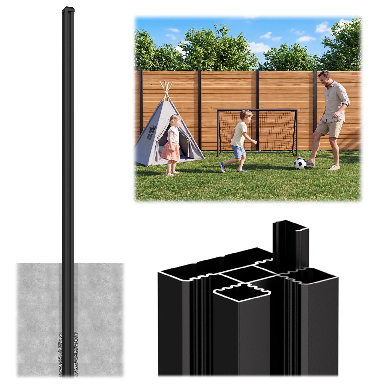 Photo 1 of 1 Pack 8FT Inground Aluminum Fence Posts for 6FT Privacy Panels, 3-Way Matte Black Wood Fence Posts, Rustproof & Weather-Resistant for Outdoor Use