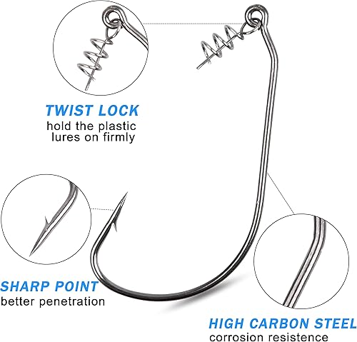 Miniatura 5 de Twistlock - 50 ganchos de pesca con pasador de resorte centrado para señuelos de plástico suave, cebos de agua salada de agua dulce, tamaño 10 20 30
