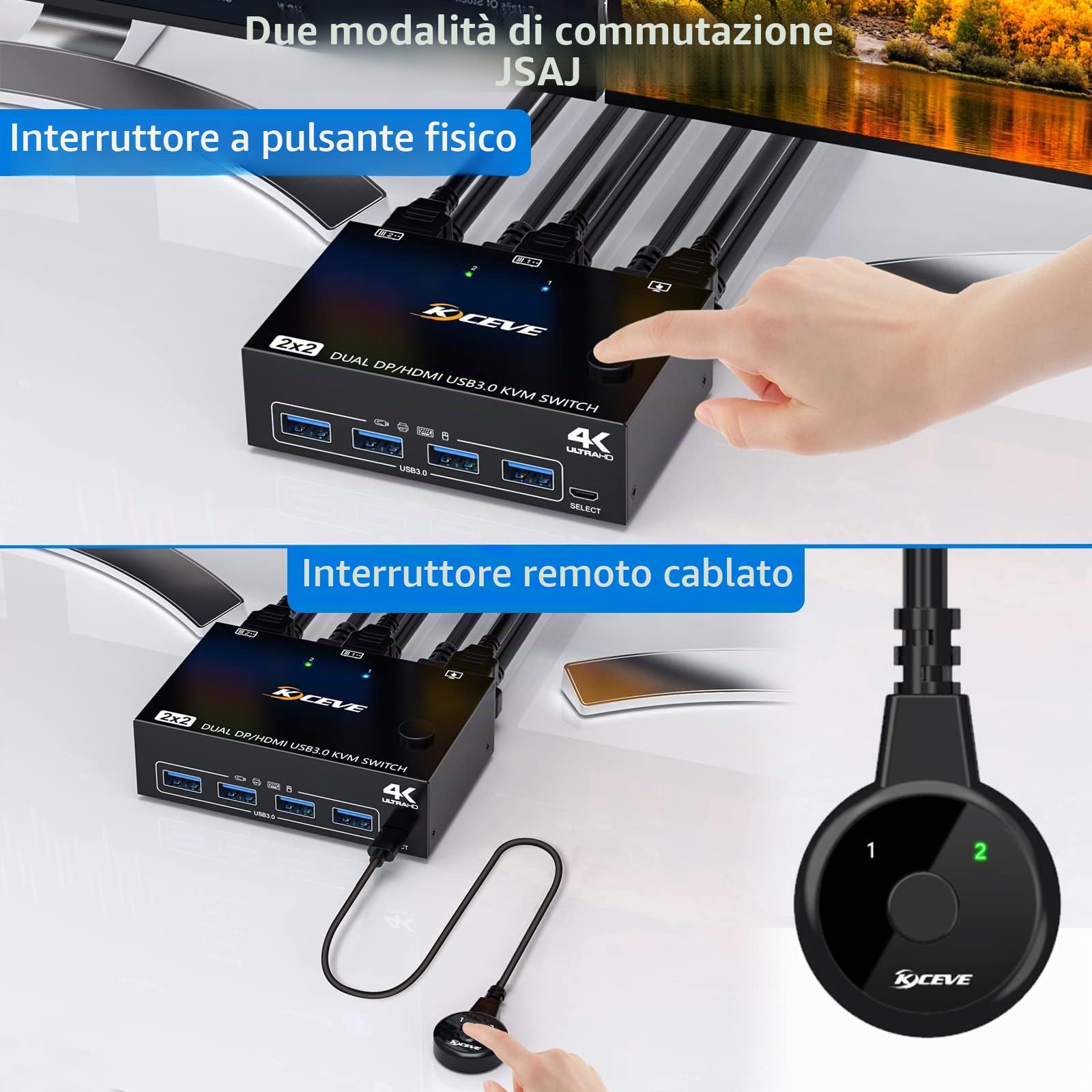 DP + HDMI KVM Switch 2 Computer 2 Monitor, Due Monitor Displayport USB 3.0 KVM Commutatore per due monitor, Supporta 4K@60Hz per 2 computer che condividono tastiera, mouse e monitor