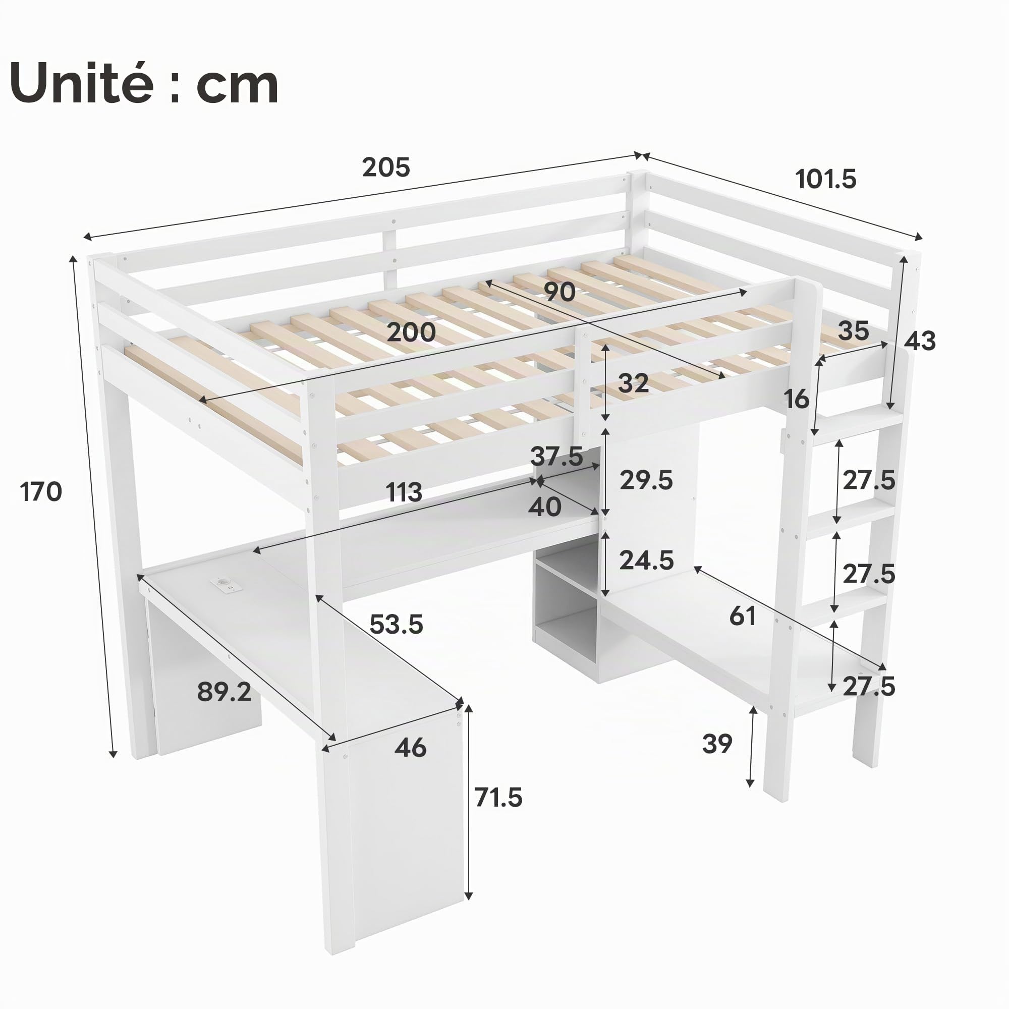 Lit mezzanine enfant 90 x 200 cm avec bureau,lit superposé enfant 90 x 200 cm,lit enfant avec rangement,étagères multifonctionnelles,éclairage LED,port USB,bois et MDF,blanc,sommier à lattes inclus