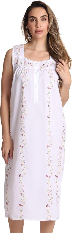 Dreamcrest Women's Sleeveless Nightgown, Floral Embroidered Cotton Blend Waltz Sleep Dress with Button Front