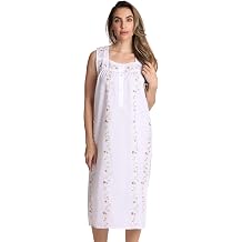Dreamcrest Womens Sleeveless Nightgown, Floral Embroidered Cotton Blend Waltz Sleep Dress with Button Front