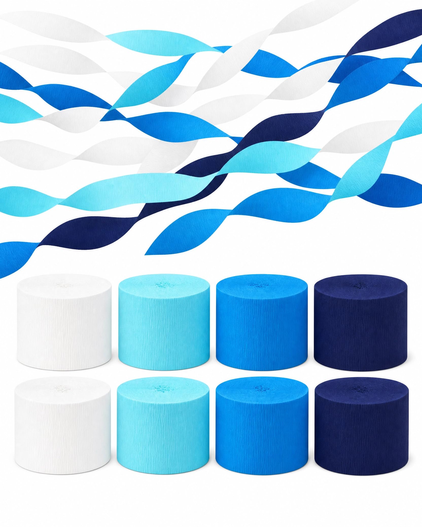 8 Blue and White Streamers, 656ft Pack of Crepe Paper Party Decorations