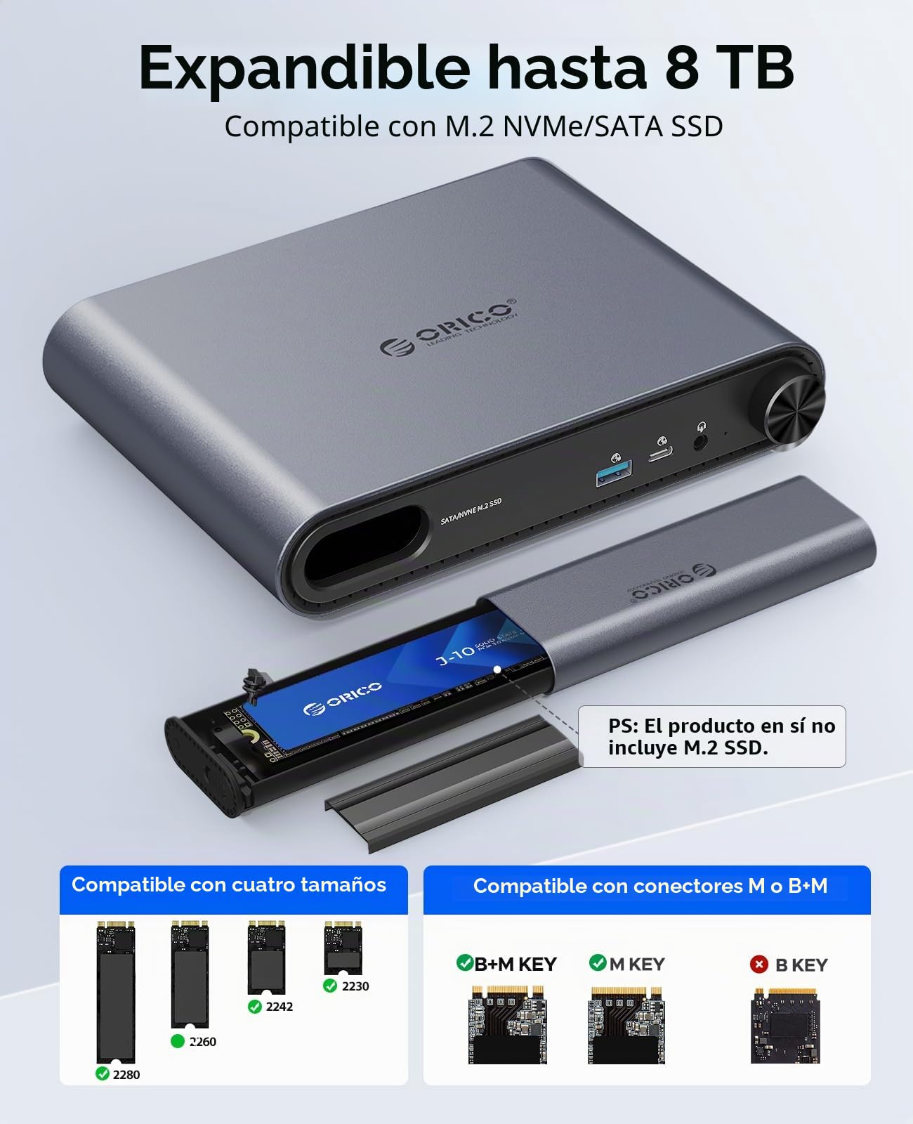 Base ORICO 10-en-1 USB-C con Carcasa SSD M.2 NVMe/SATA, USB 3.2 10Gbps, HDMI 4K@60Hz, PD 100W, RJ45, Audio 3,5mm - para MacBook Pro/Air (PTM1)
