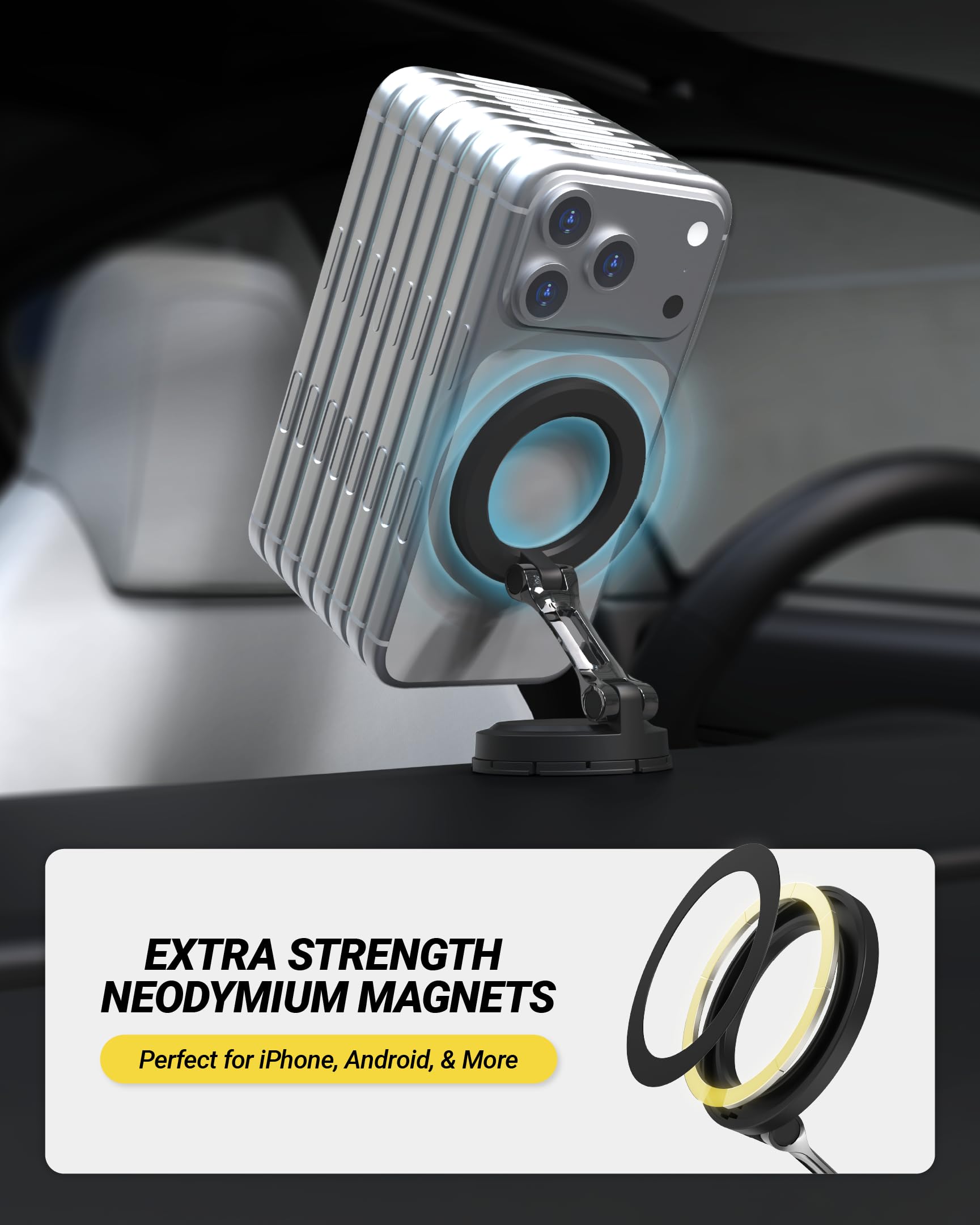 Scosche MagSafe Car Mount, Magnetic Phone Holder for Car Dashboard & Windshield with Foldable Arm, Adhesive Swivel Base with 360° Rotation, Compatible with iPhone 17/16/15/14/13/12 and PopSockets view 2