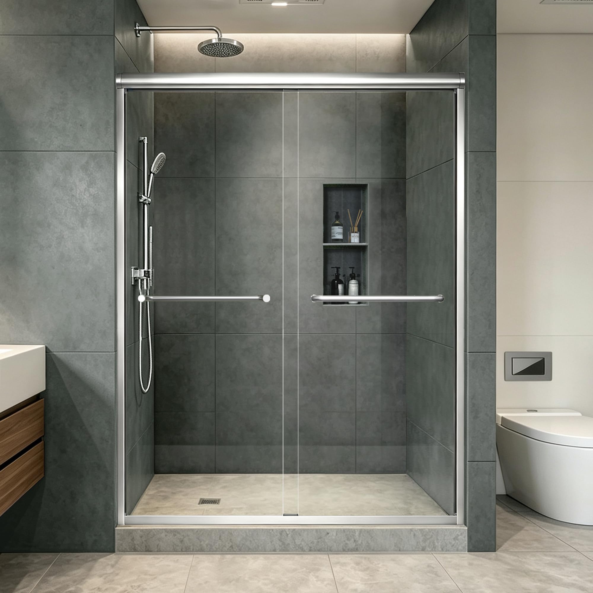 Double Sliding Shower Door 49-49-54" W x 70" H, Chrome Finish, Bypass Shower Door, Clear Glass, Framed, 1/4" (6mm) Tempered Glass
