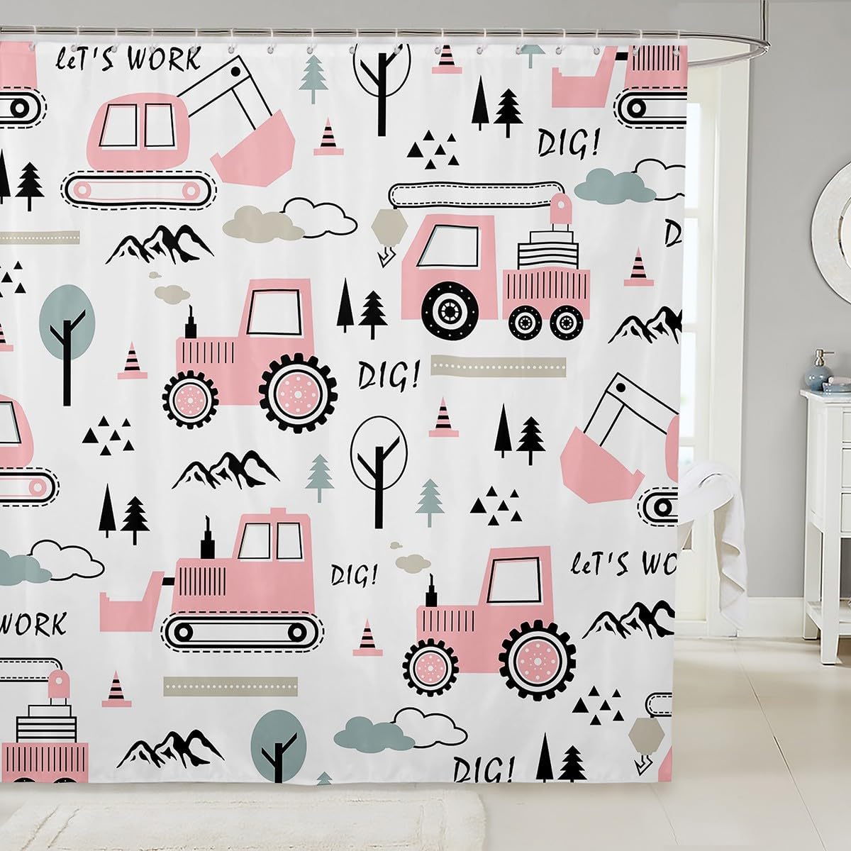 Feelyou Kids Construction Shower Curtain 72"x78" Construction Vehicles Bath Curtain for Boys Dinosaur Bathroom Shower Curtain Set Jungle Dino Truck Yellow Kids Bathroom Accessories