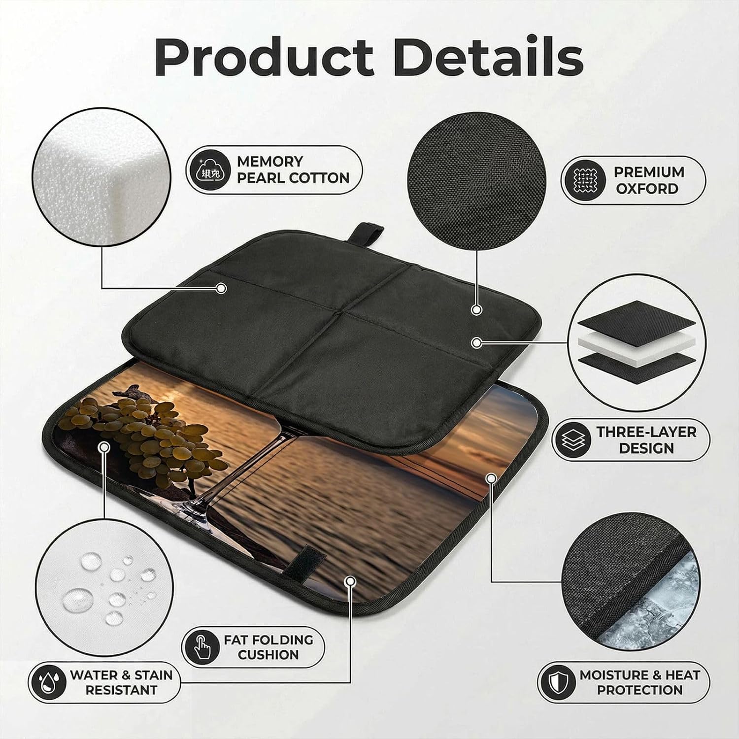 (Sunset Wine Glass) Sitting Pad Foldable Seat Cushion Lightweight Camping Seat Mat with Hook for Outdoor Hiking Picnic Camping