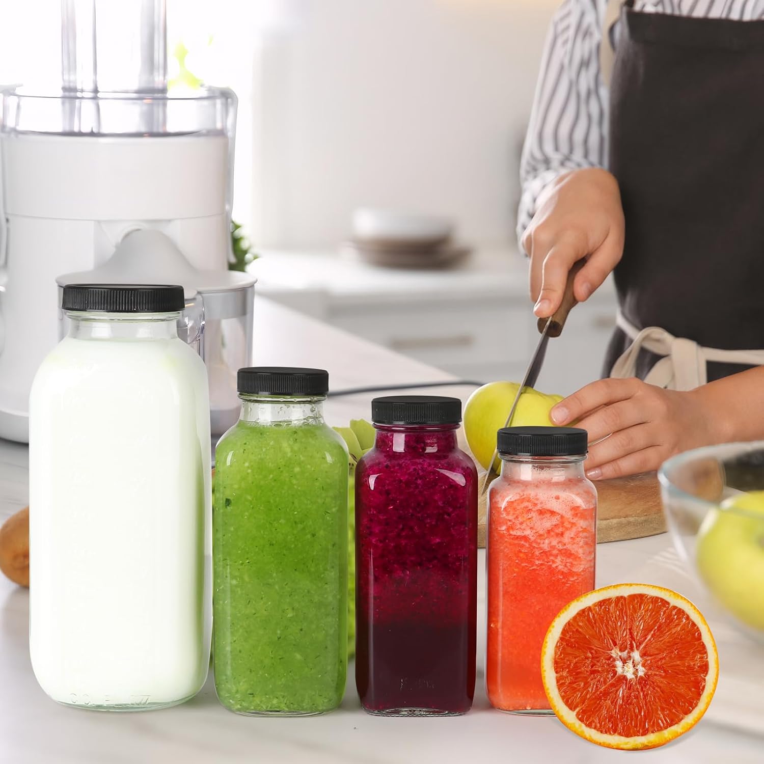 8 oz Glass Juice Bottles with Lids 6 Pack,Reusable Glass Drink Bottles