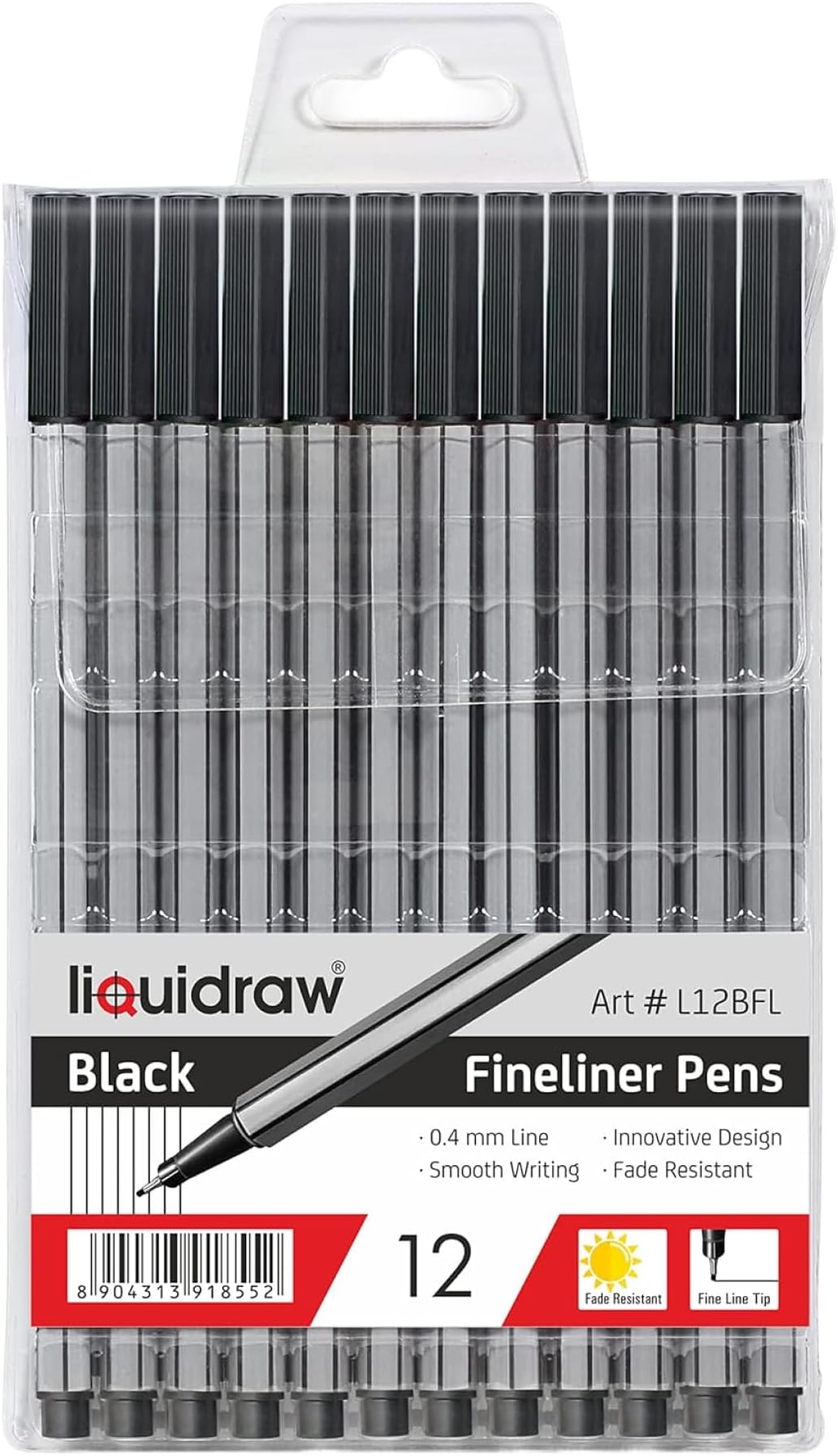 Liquidraw Black Fineliner Pens - 12 Set | Fine Point 0.4 mm Tip | Storage Wallet | Black Coloured Pens For Artists, Handwriting, Drawing, Calligraphy, Sketching | Ergonomic Design | Fade Resistant Ink